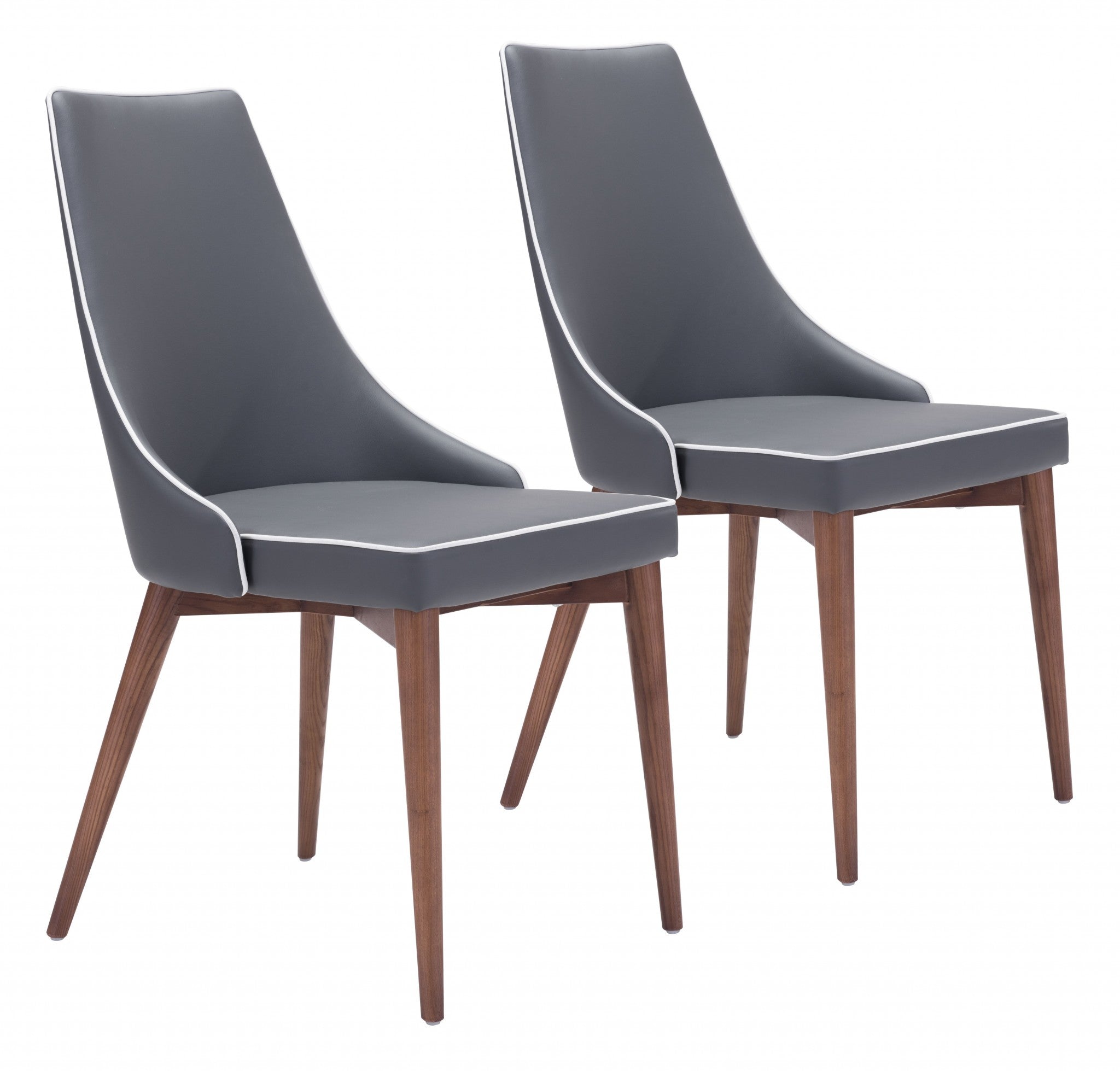 Set of Two Dark Gray with White Piping and Walnut Dining Chairs