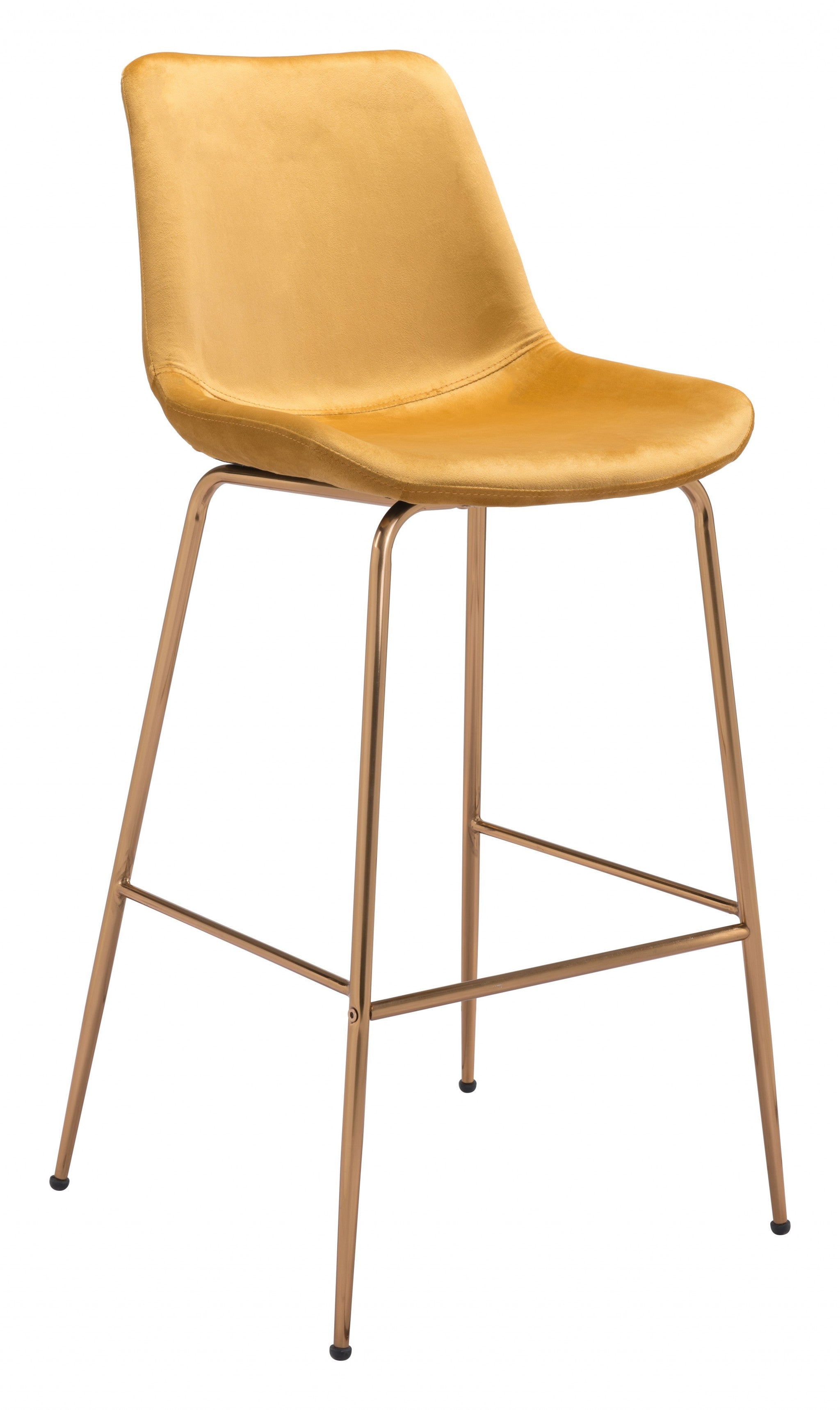 31" Yellow And Gold Velvet And Steel Low Back Bar Height Bar Chair
