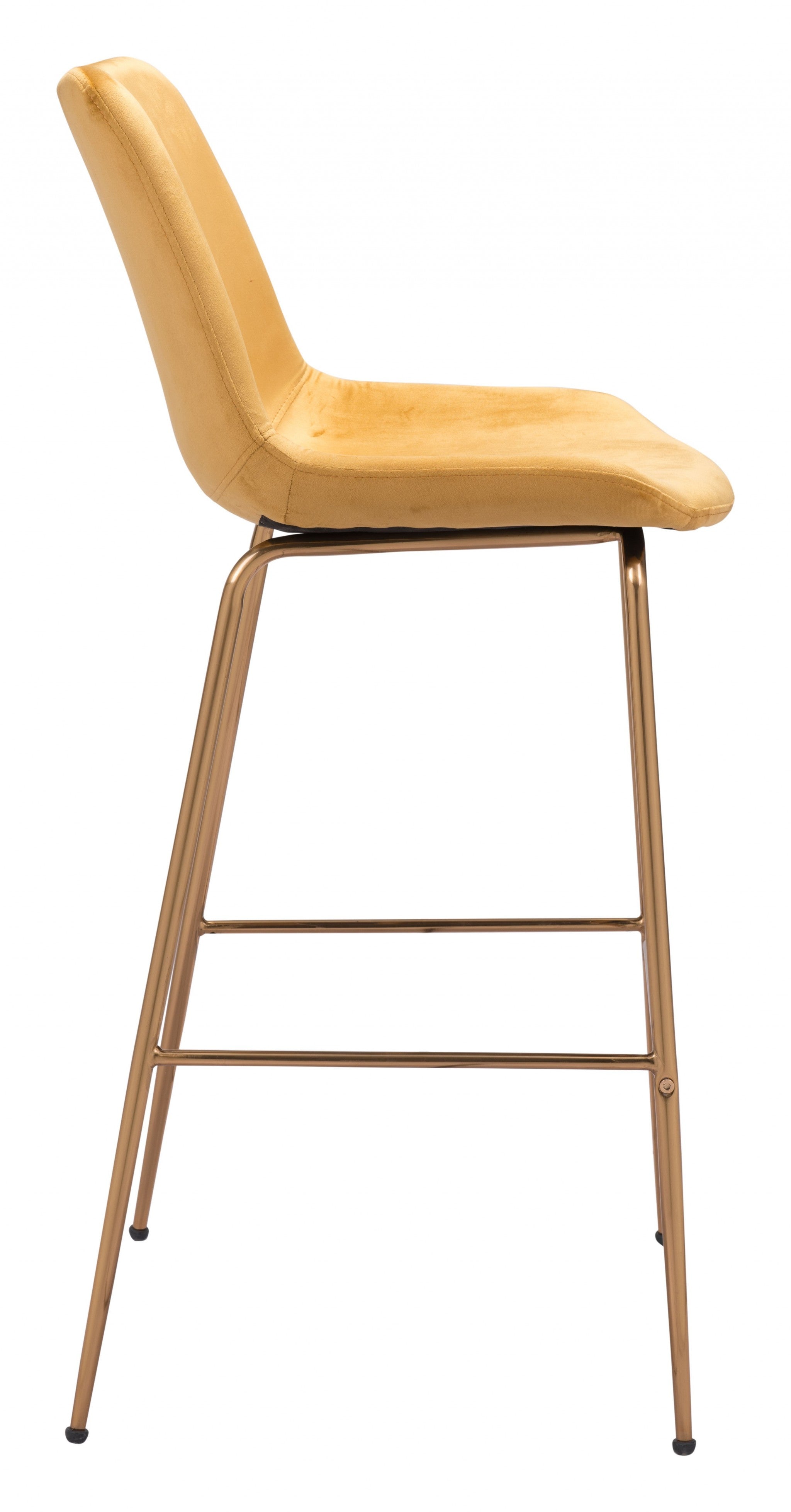 31" Yellow And Gold Velvet And Steel Low Back Bar Height Bar Chair