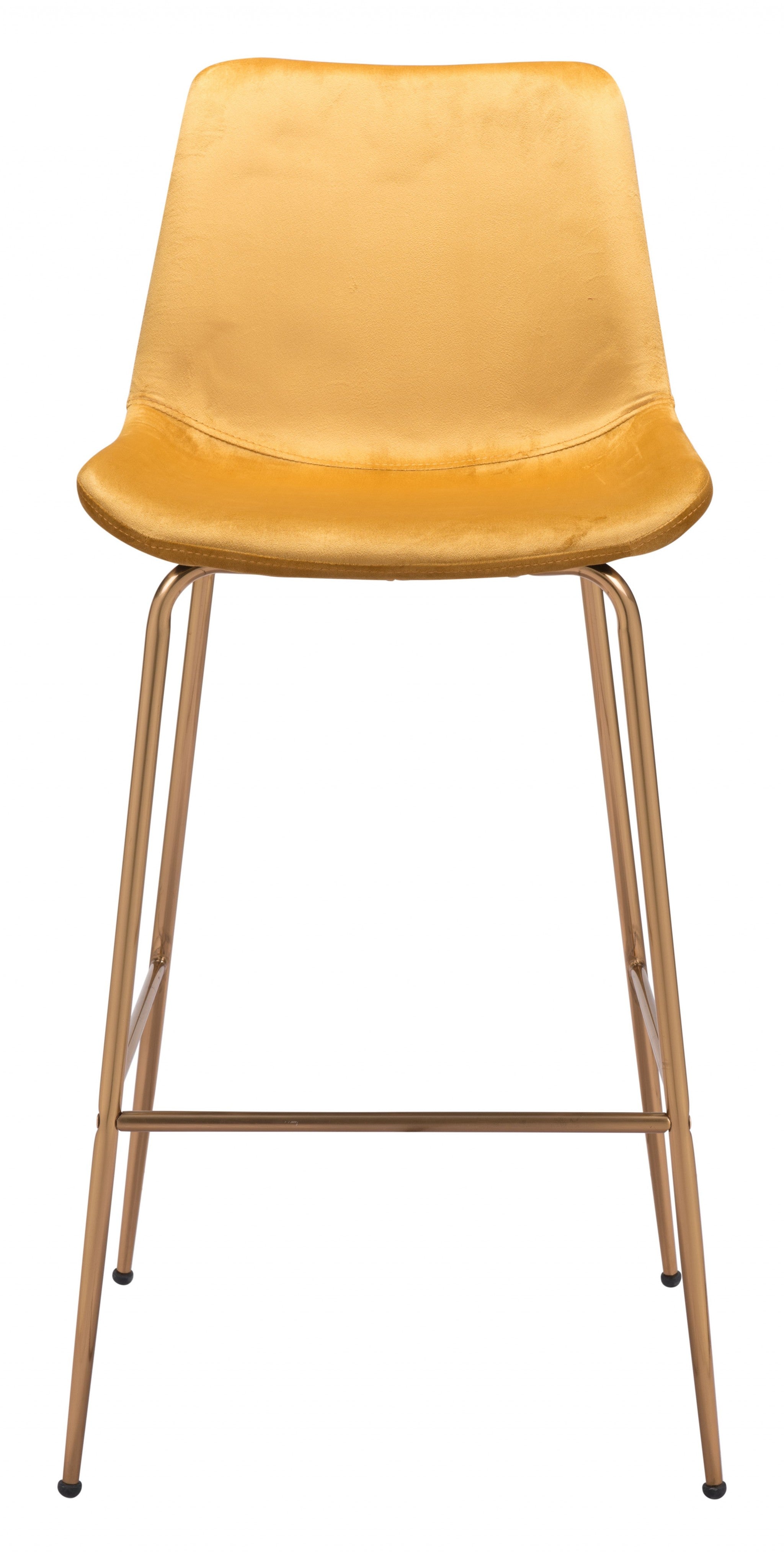 31" Yellow And Gold Velvet And Steel Low Back Bar Height Bar Chair