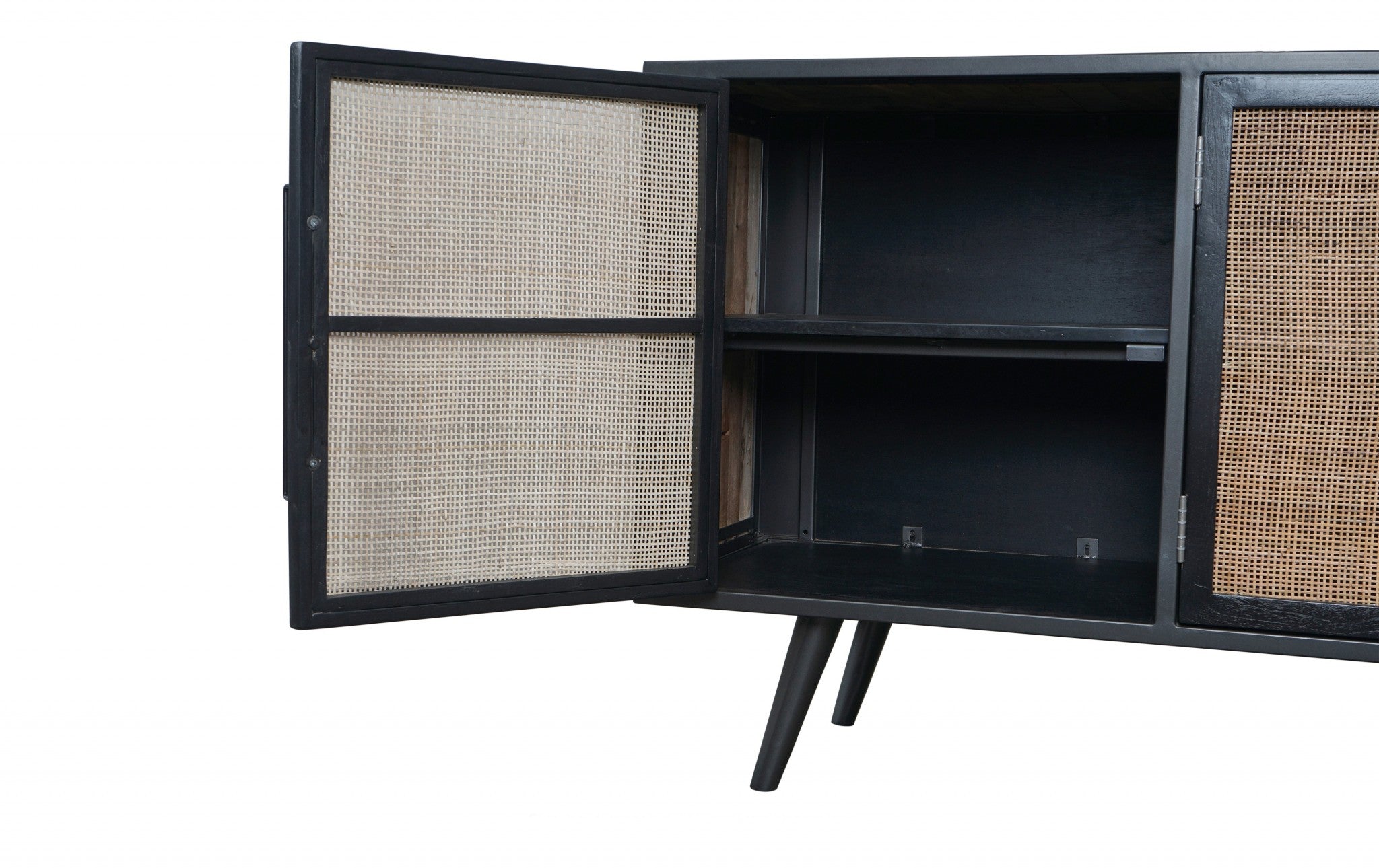 Rustic Black Natural and Rattan Media Cabinet with Three Doors
