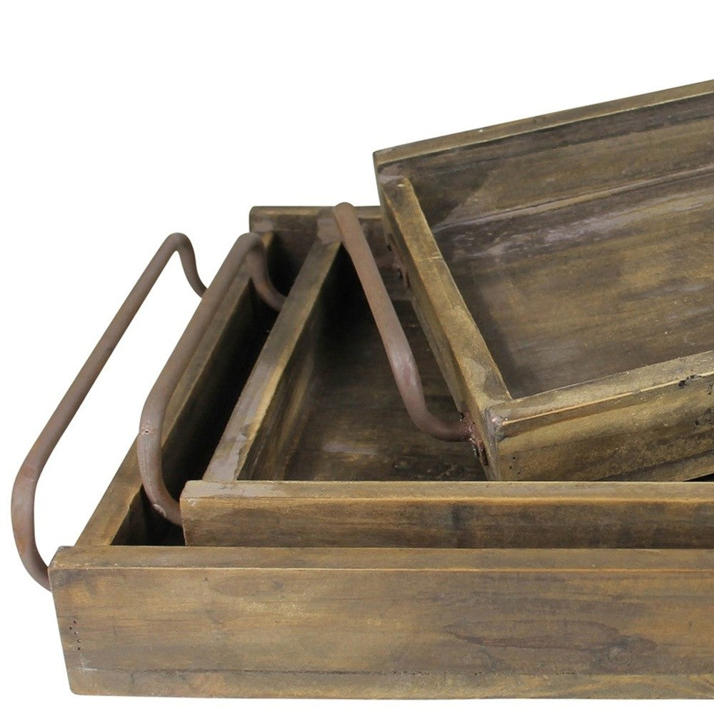 Set of Three Dark Brown Wood Trays With Handles