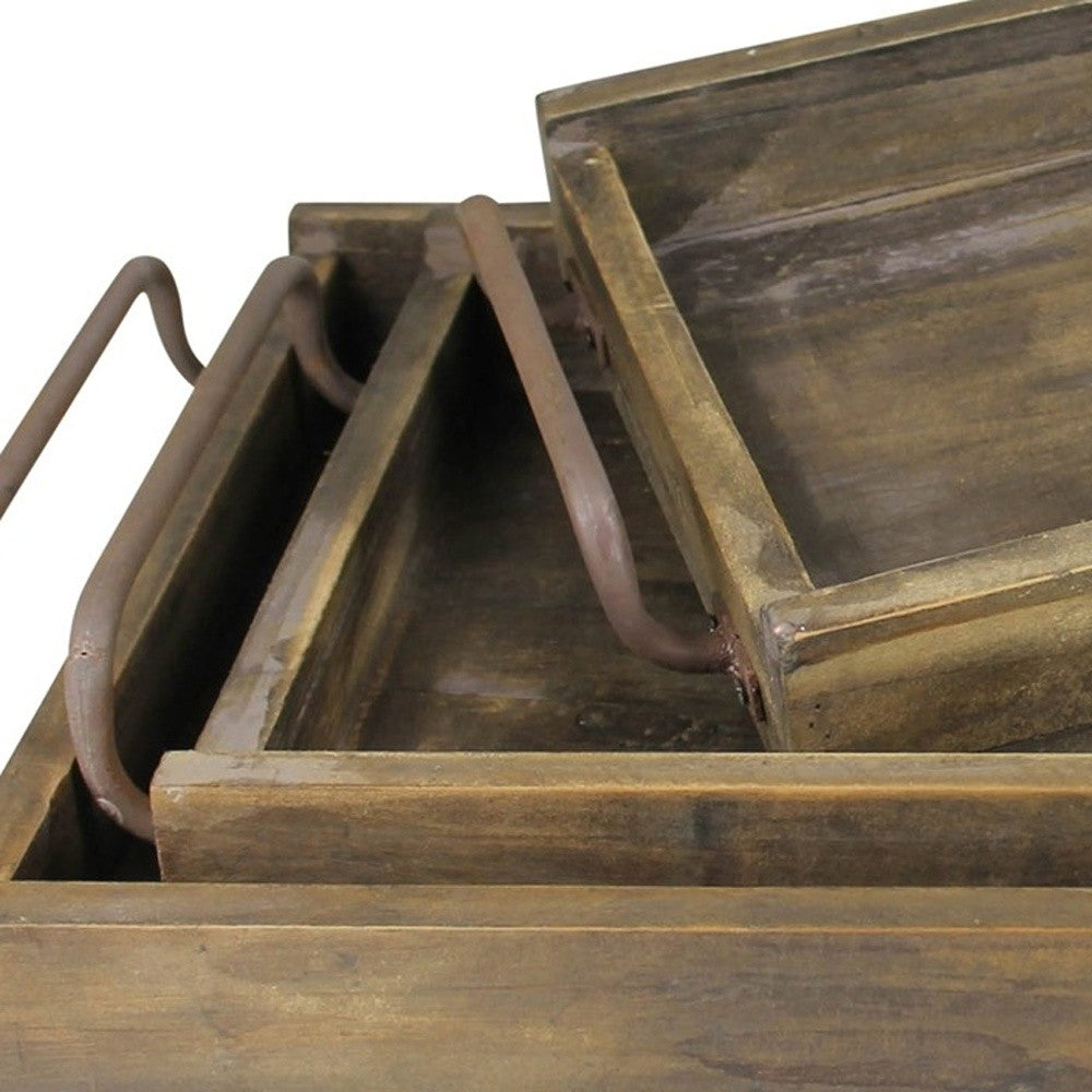 Set of Three Dark Brown Wood Trays With Handles