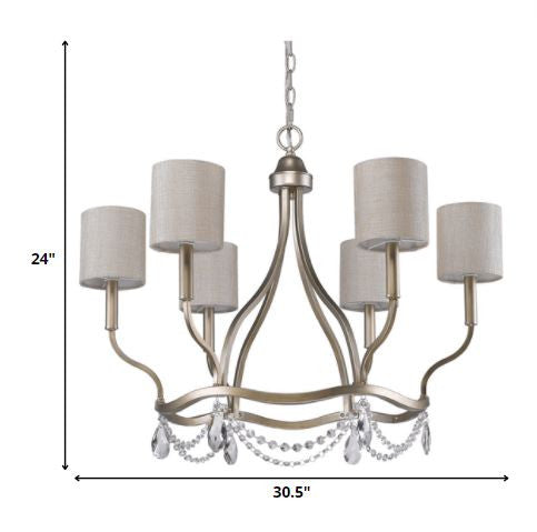 Gold Candle Style Six Light Metal Dimmable Chandelier With White Shades