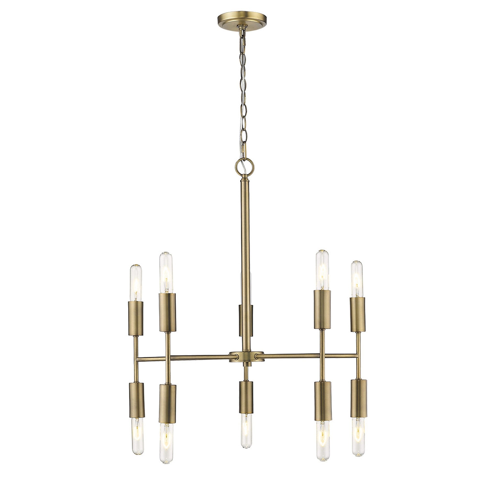 Brass Candle Style Ten Light Metal Dimmable Chandelier