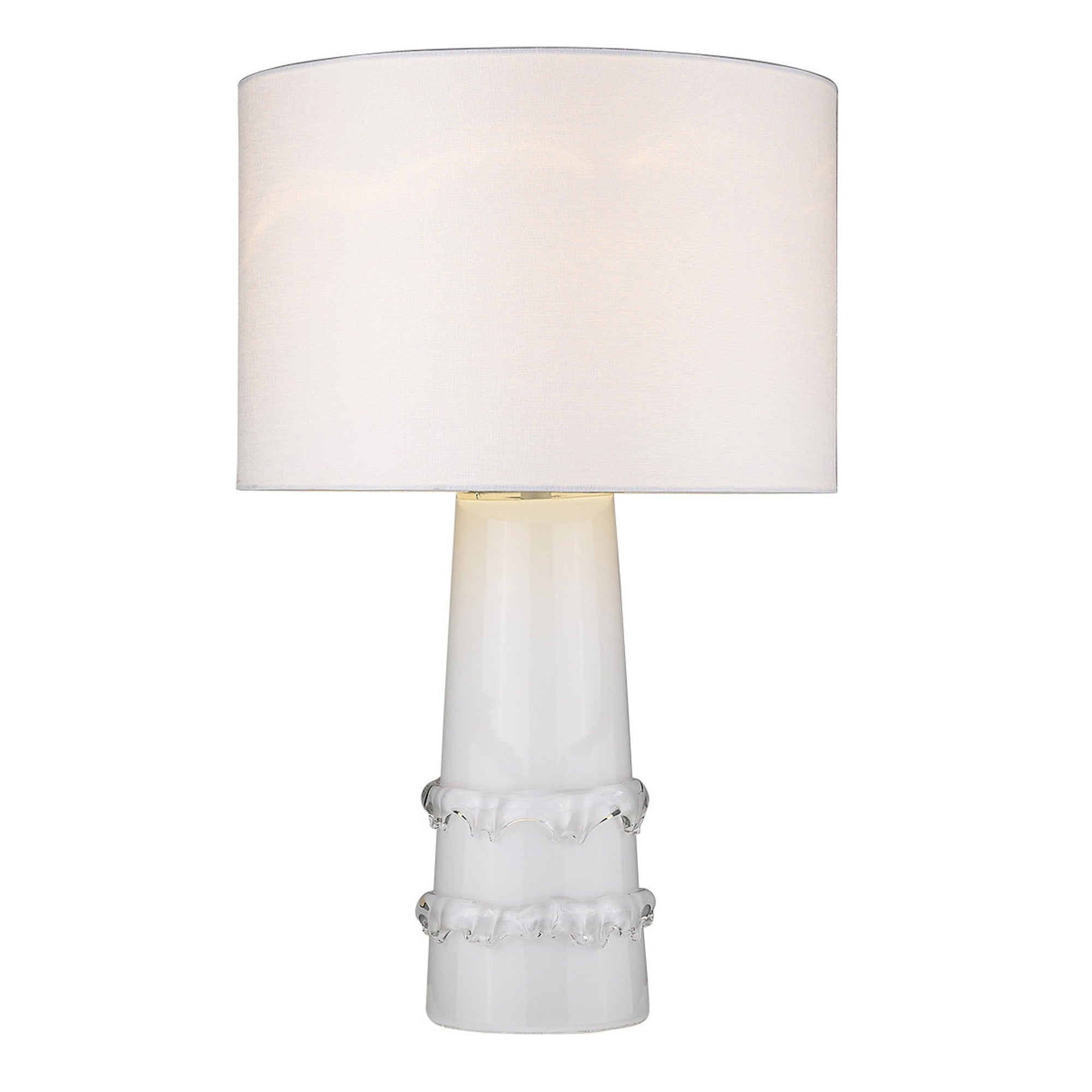 29" White Glass Column Table Lamp With White Drum Shade