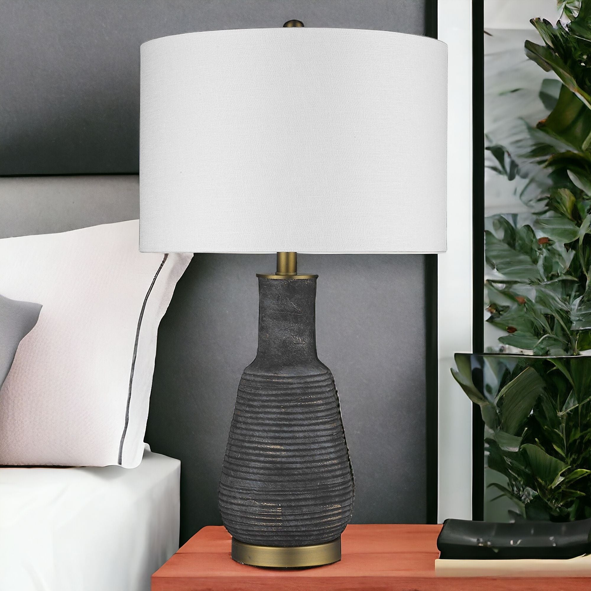 26" Black and Gold Metal Column Table Lamp With White Drum Shade