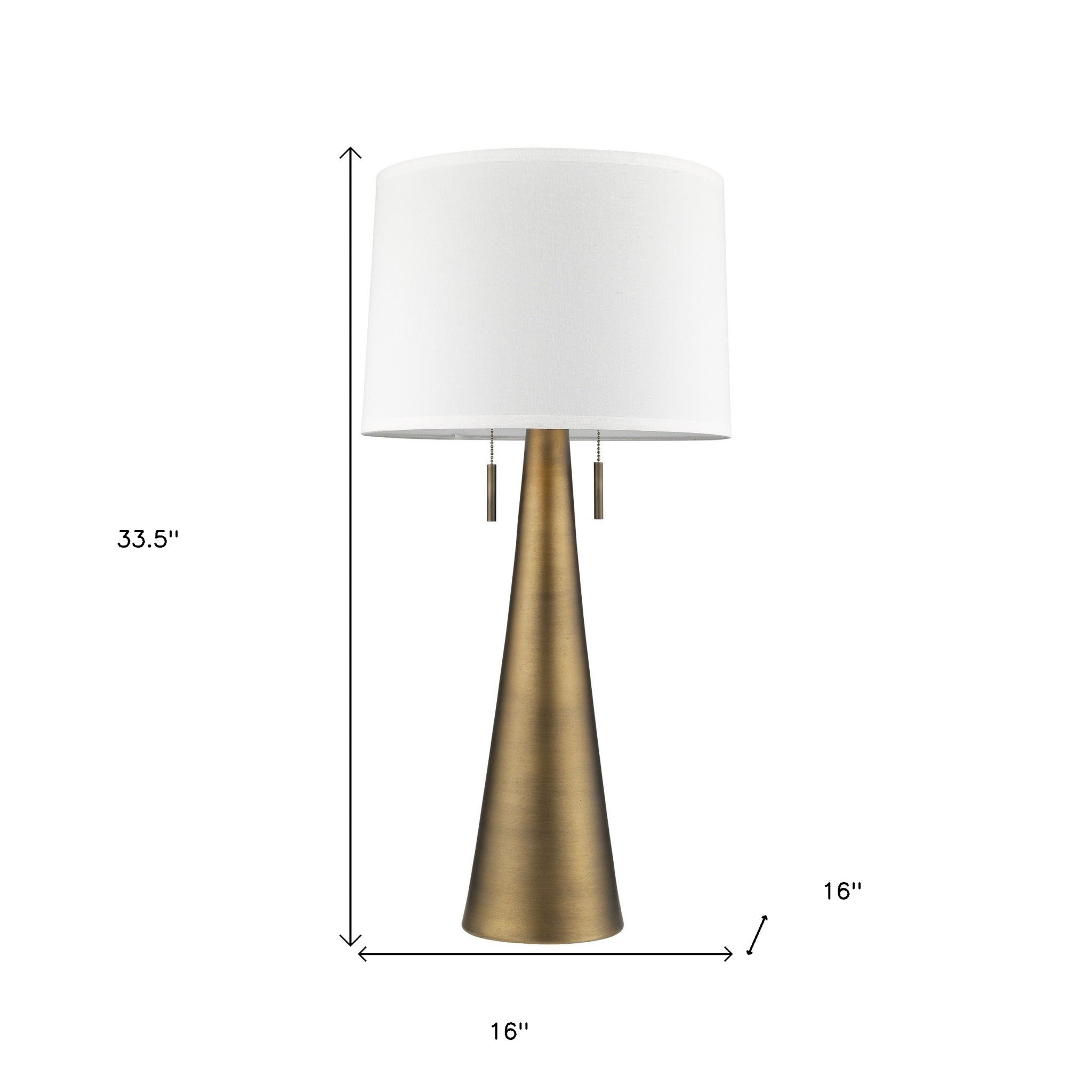 34" Brass Metal Two Light Table Lamp With White Empire Shade