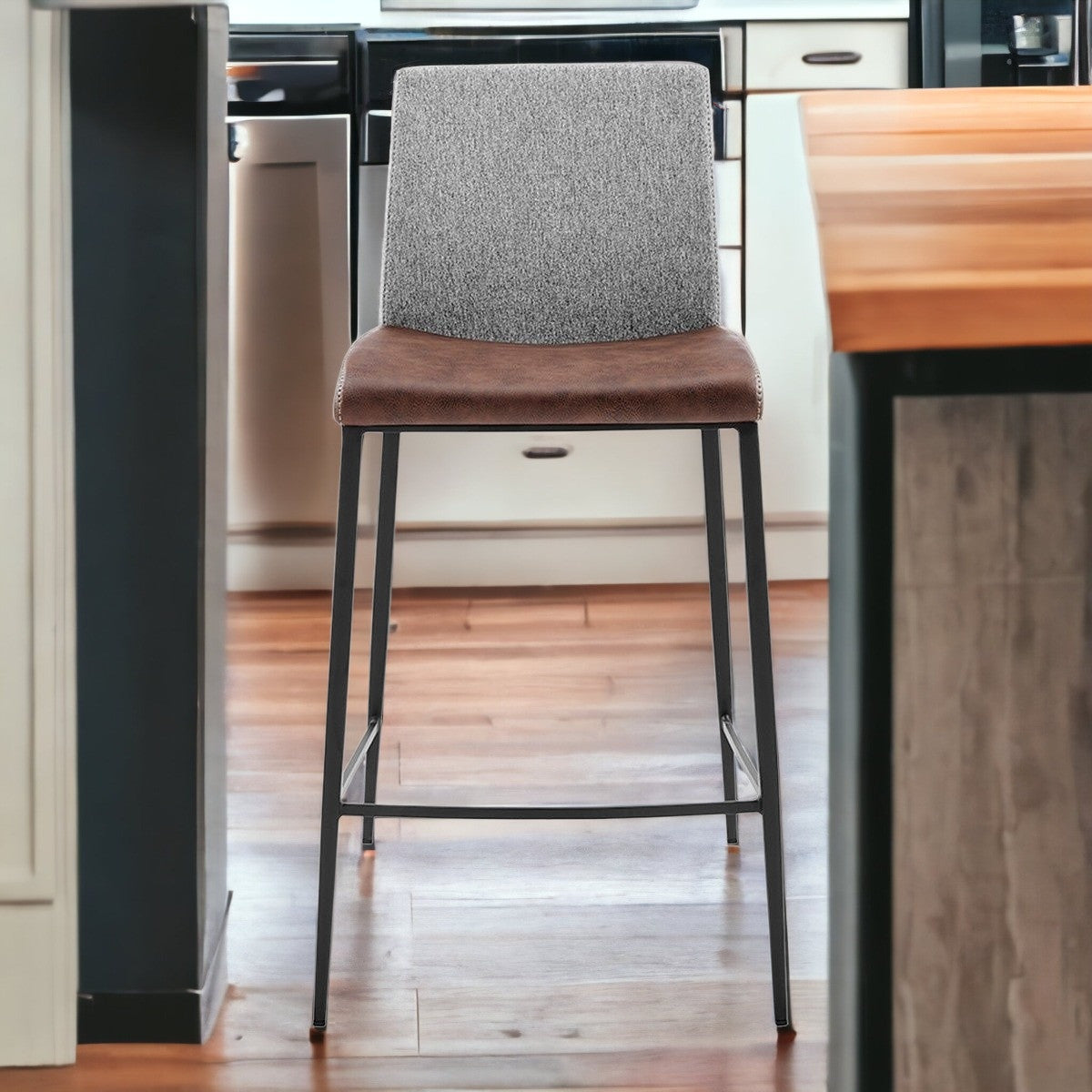 Set of Two 26" Brown And Black Steel Low Back Counter Height Bar Chairs