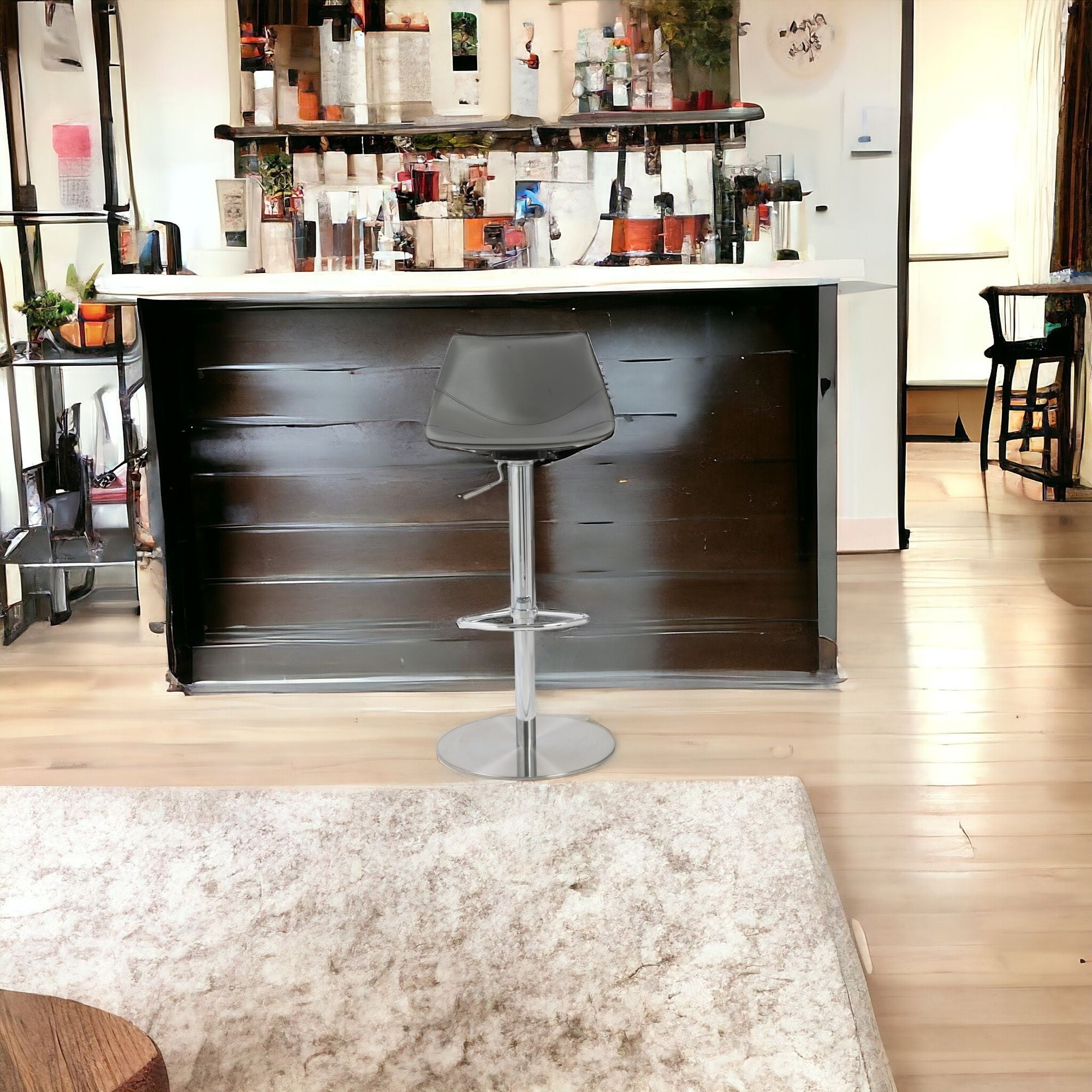 32" Gray And Silver Steel Swivel Low Back Bar Height Bar Chair