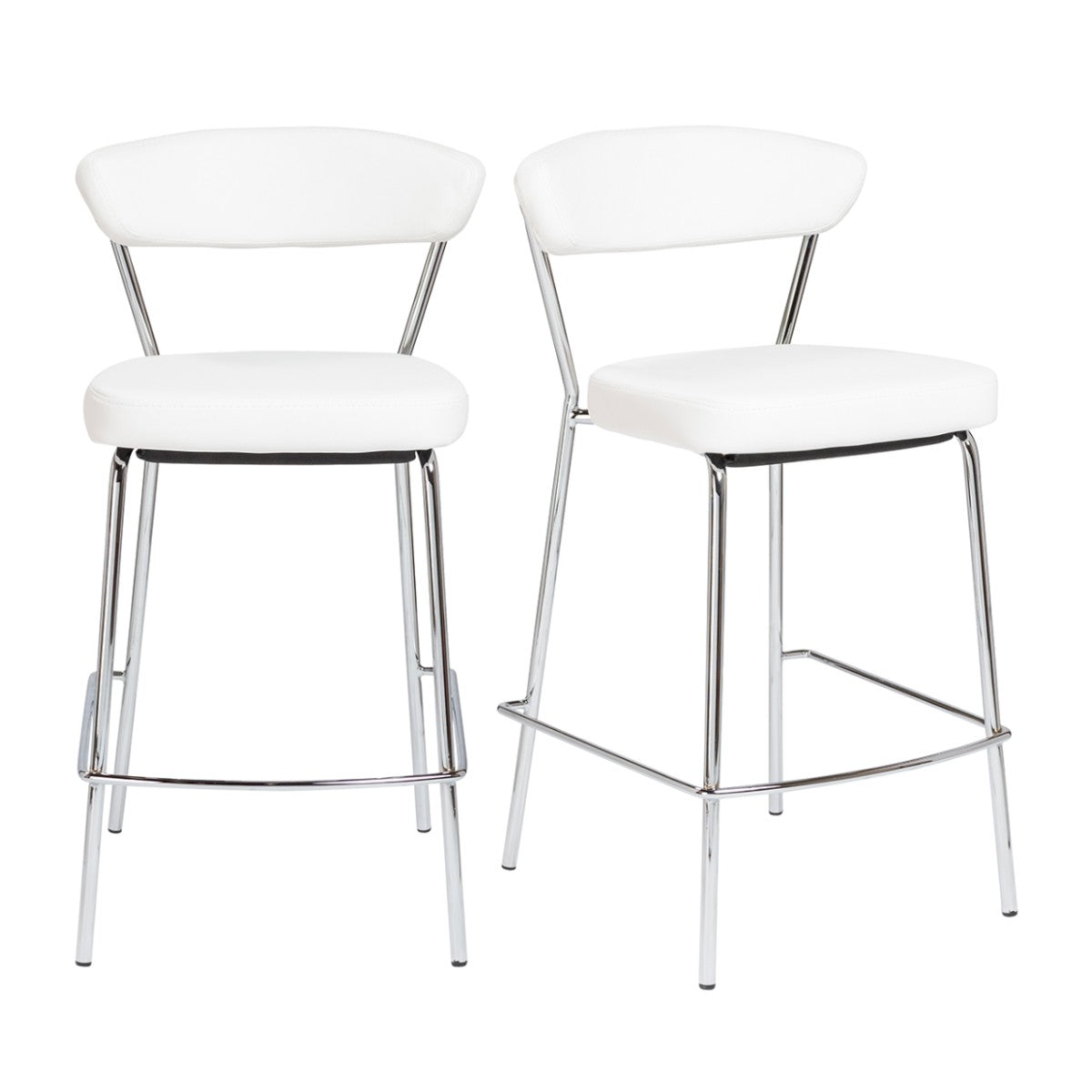 Set of Two 26" White And Silver Steel Low Back Counter Height Bar Chairs