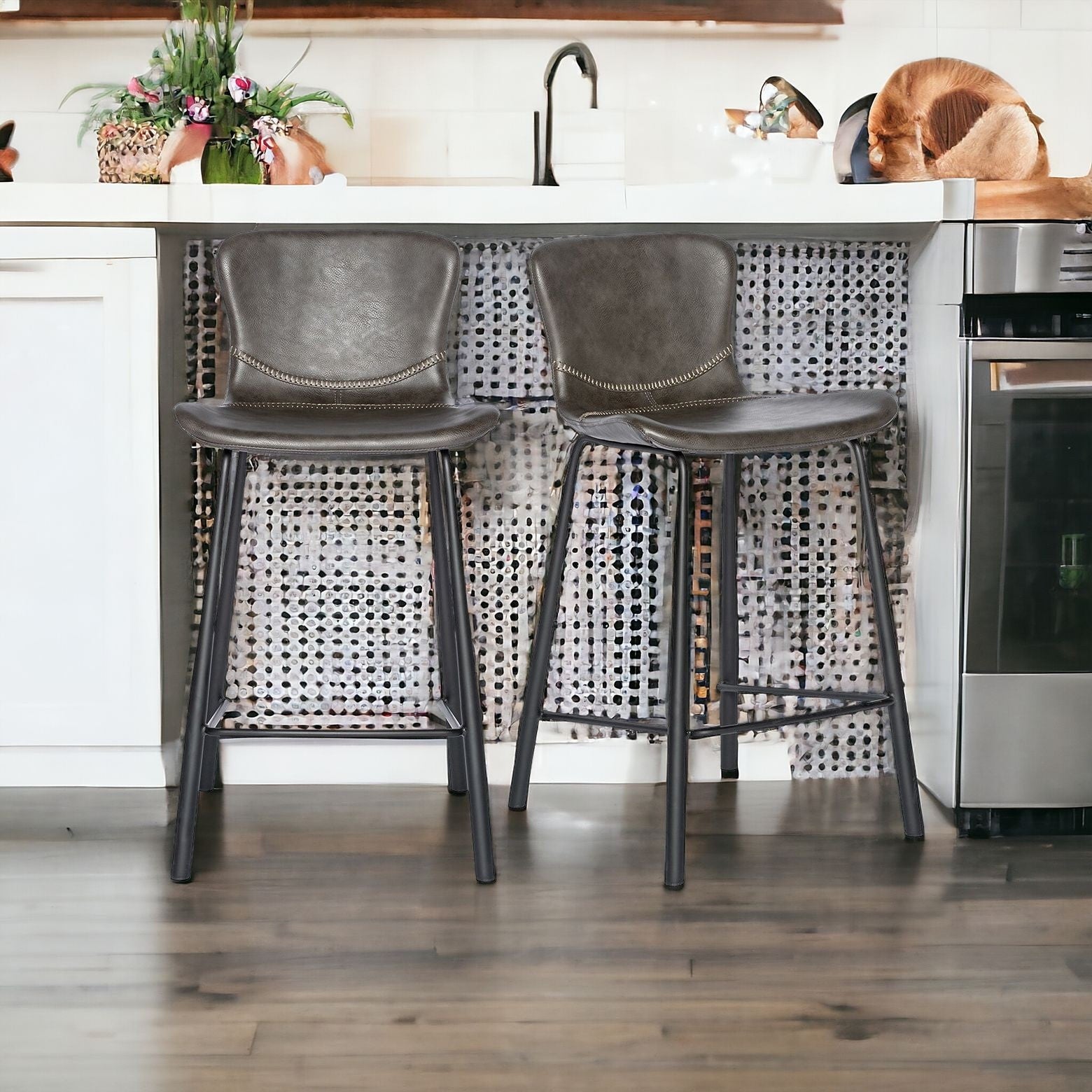 Set of Two 26" Gray And Black Steel Low Back Counter Height Bar Chairs