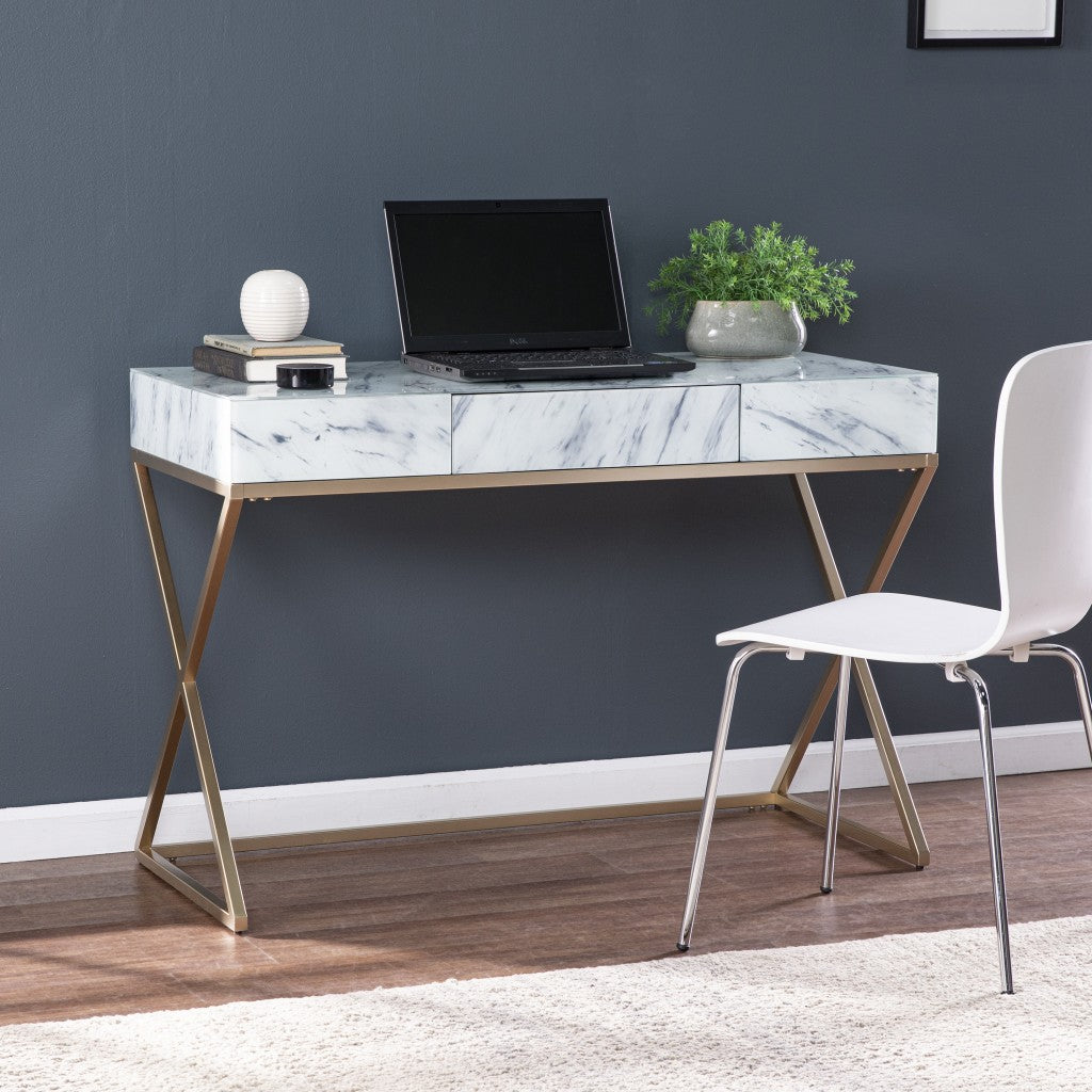 45" White and Bronze Glass Writing Desk With Two Drawers