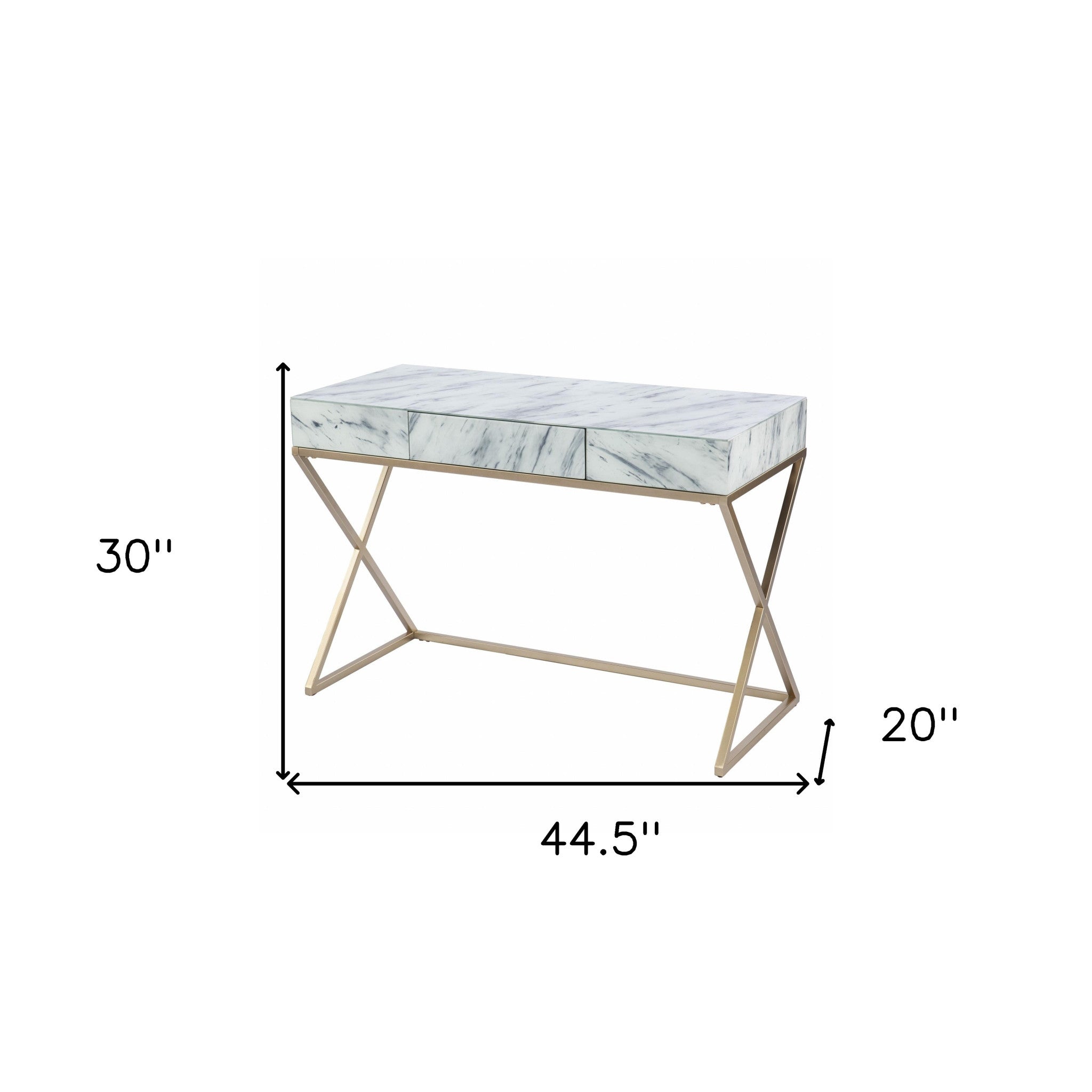 45" White and Bronze Glass Writing Desk With Two Drawers