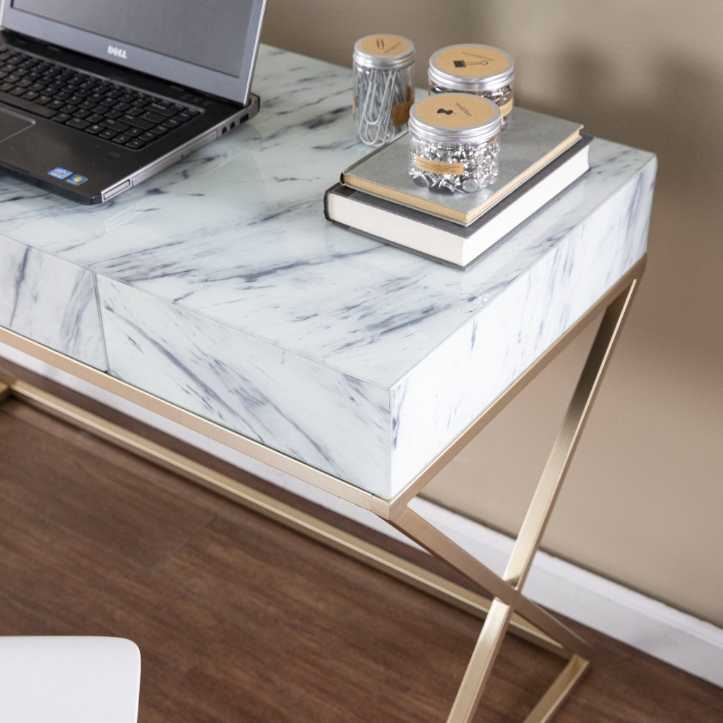 45" White and Bronze Glass Writing Desk With Two Drawers