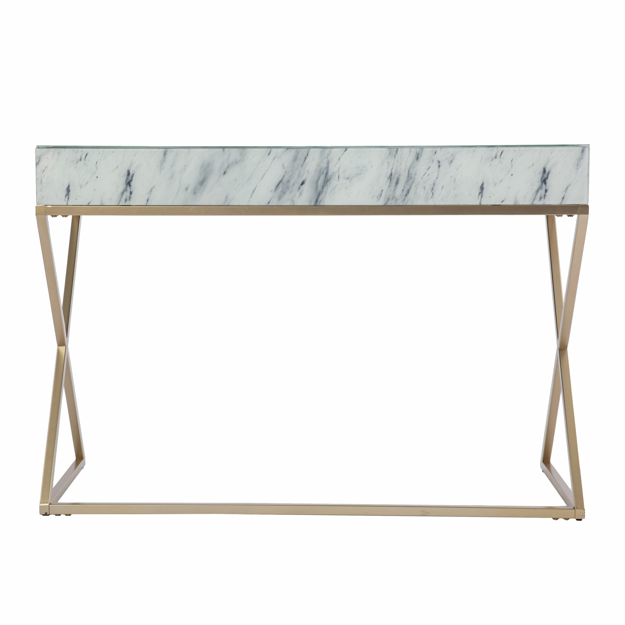 45" White and Bronze Glass Writing Desk With Two Drawers