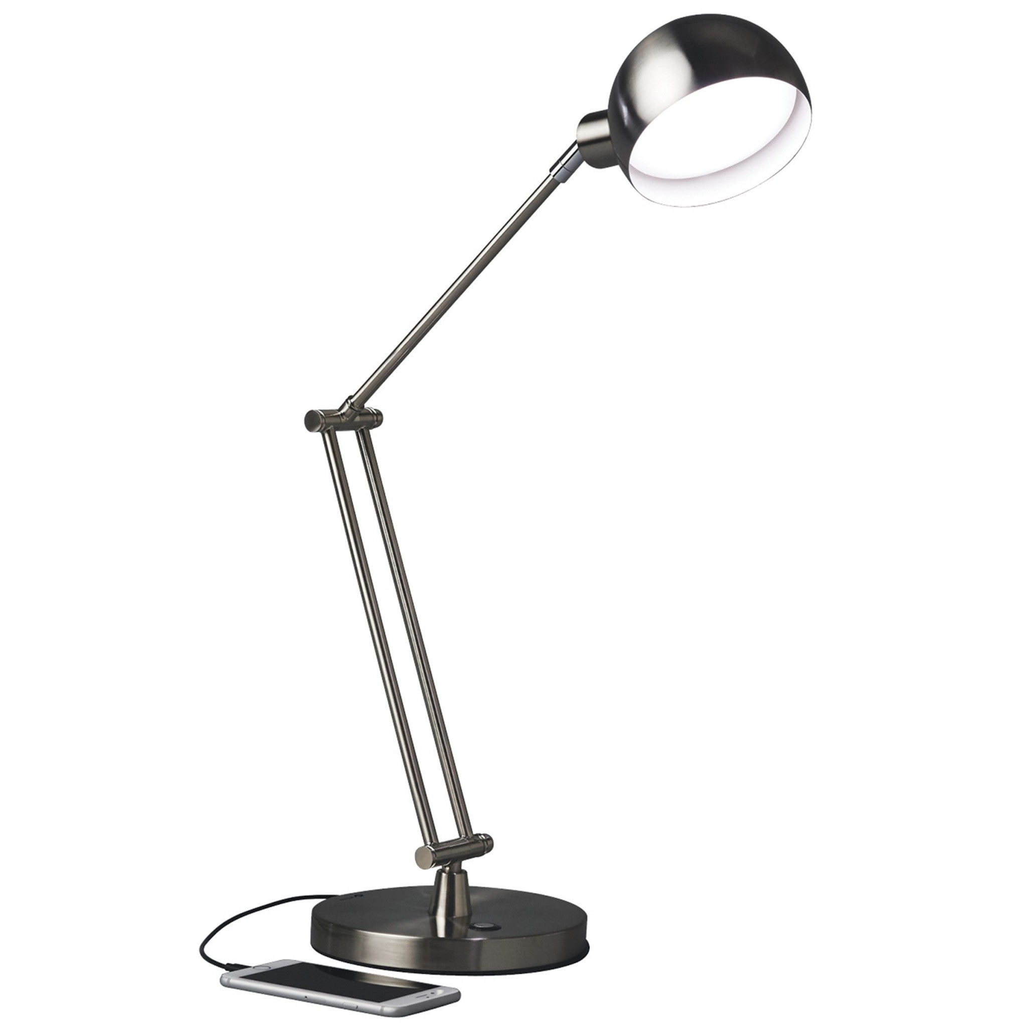 18" Nickel Metal Adjustable Swing Arm LED Desk Lamp With USB