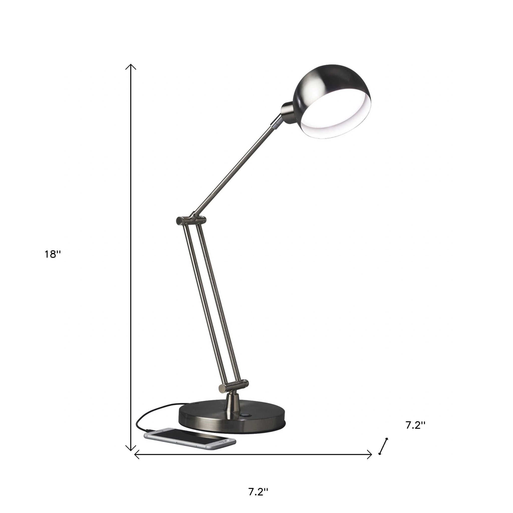 18" Nickel Metal Adjustable Swing Arm LED Desk Lamp With USB