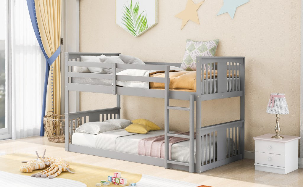 Gray Classic Twin Over Twin Bunk Bed with Ladder