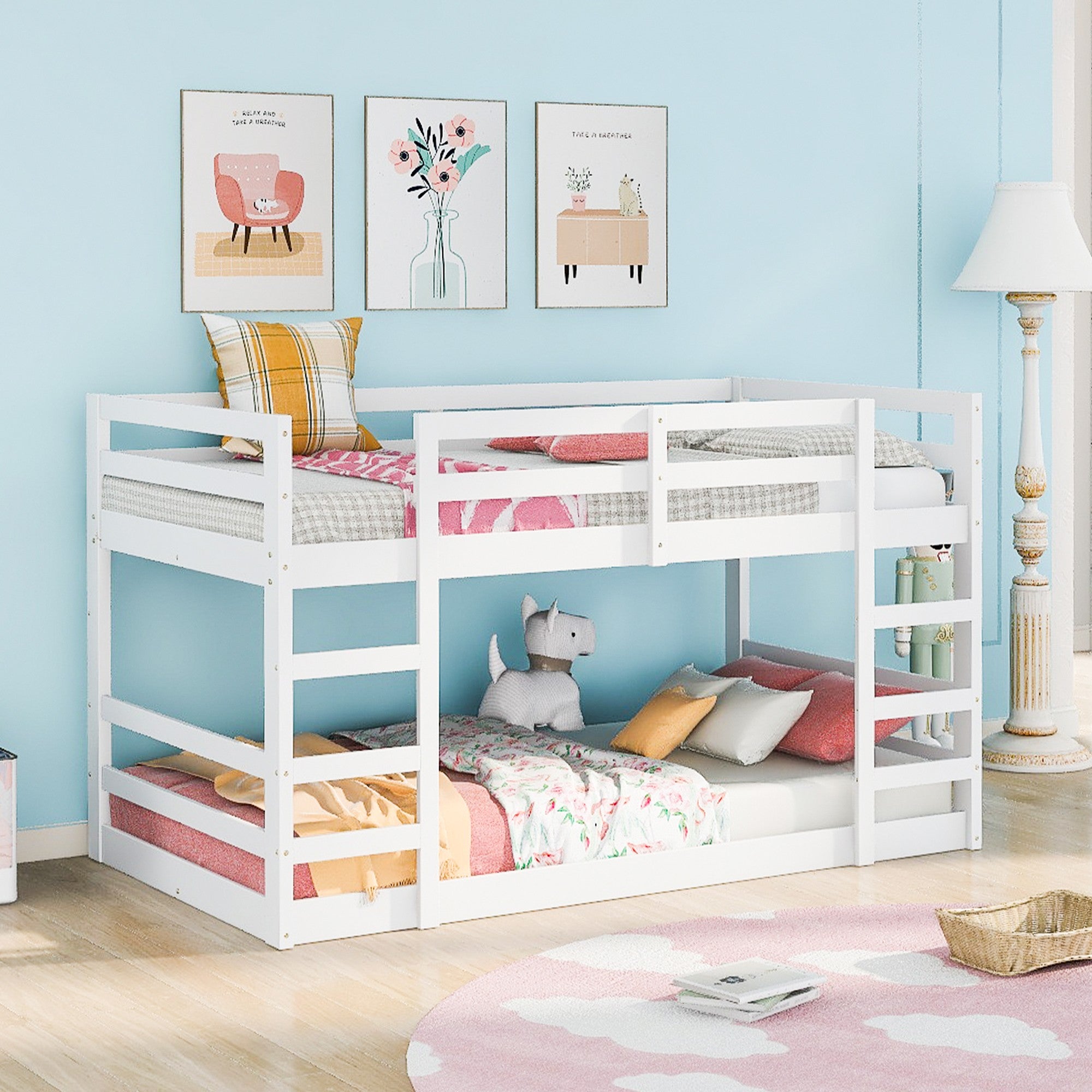 Pastel White Twin Over Twin Dual Ladder Bunk Bed