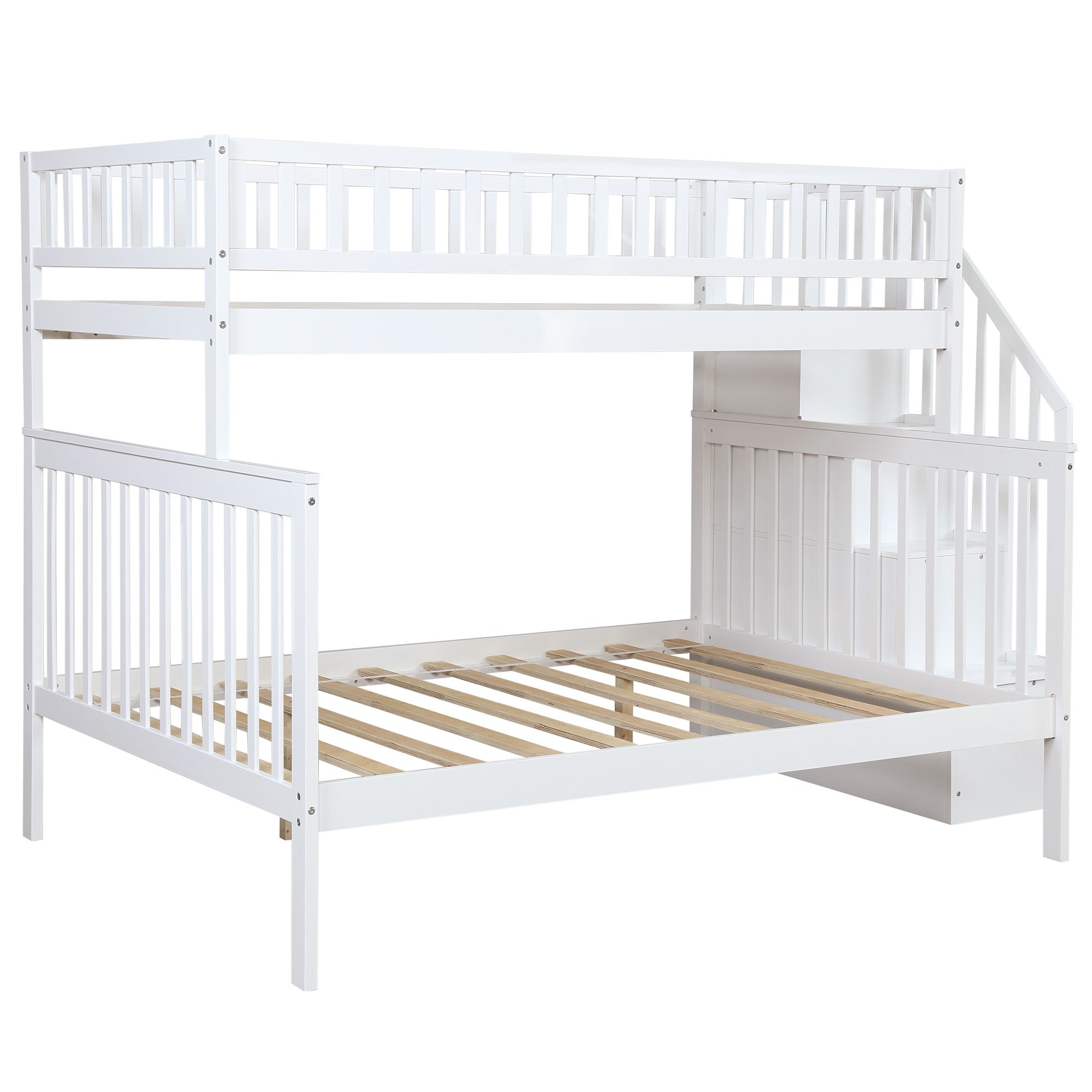 White Twin Over Full Farmhouse Style Bunk Bed with Staircase