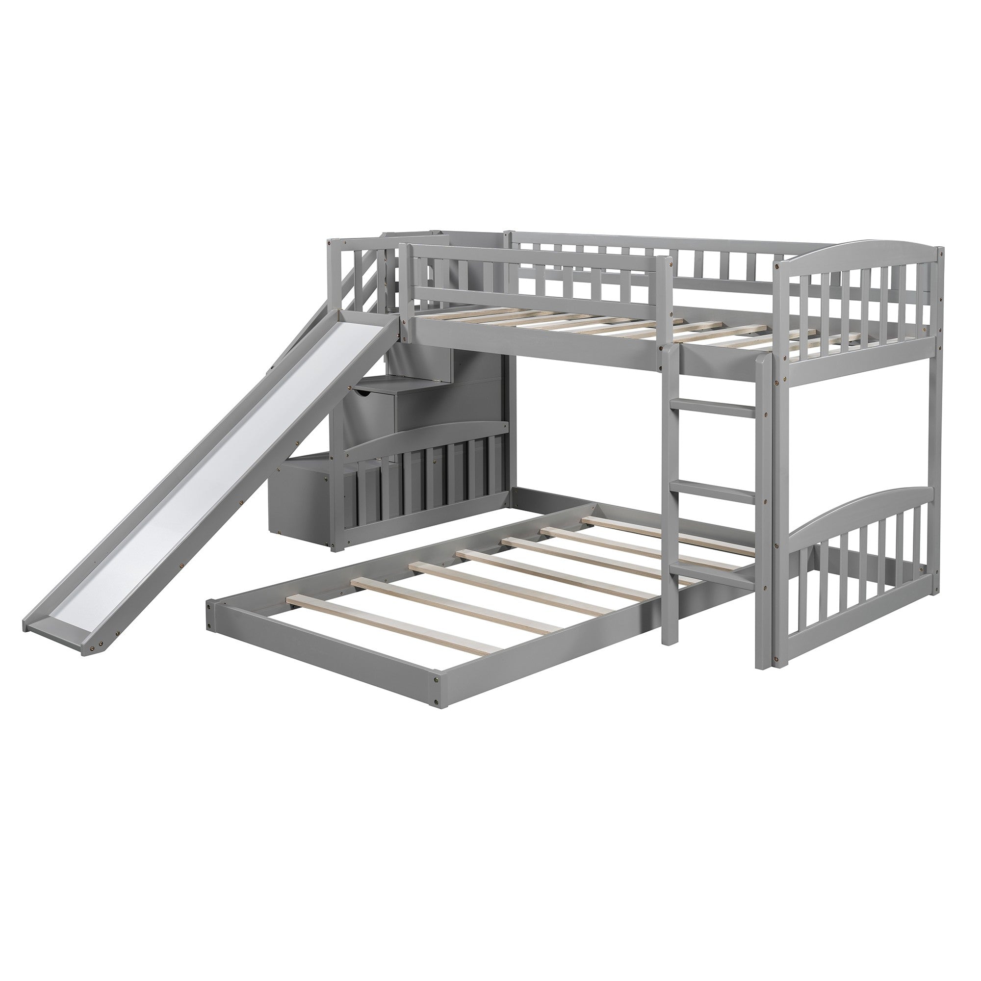 Gray Twin Over Twin Perpendicular Bunk Bed with Storage Stairs and Slide