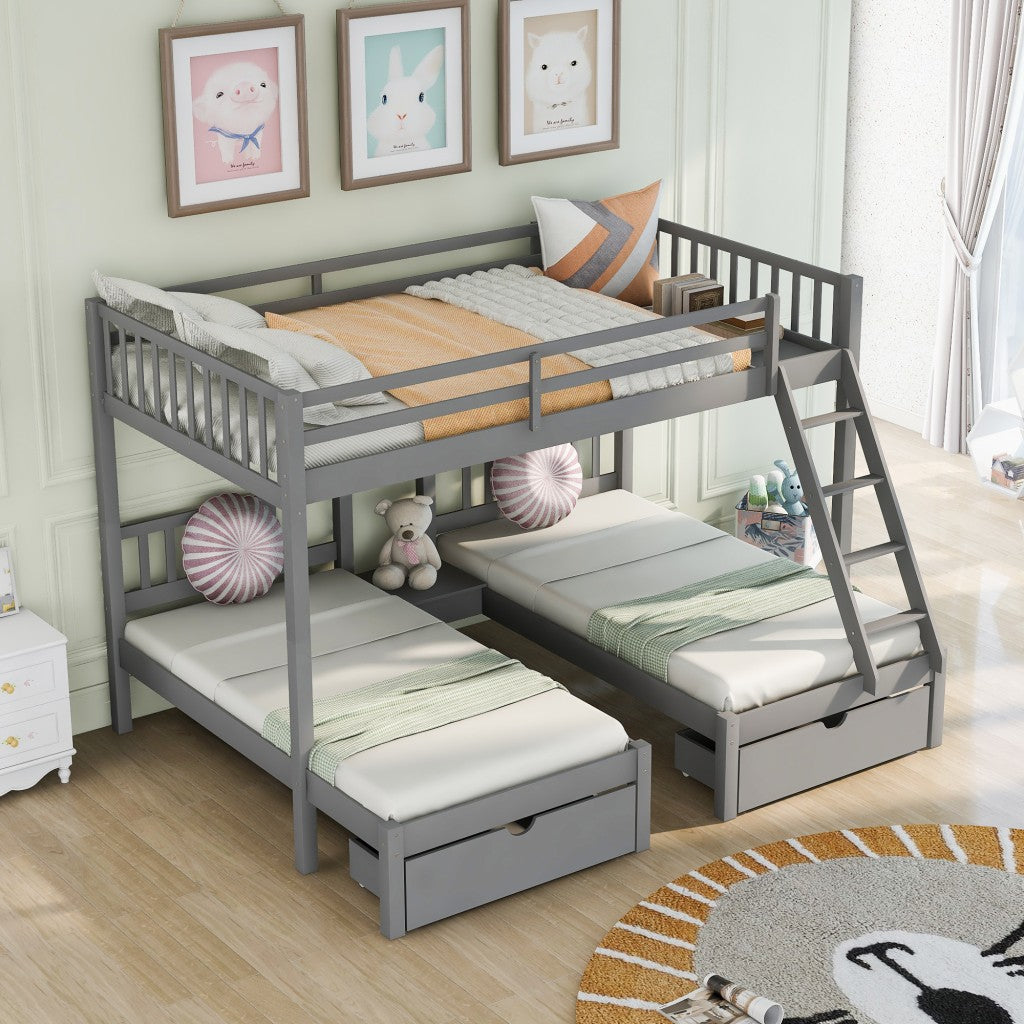 Gray Full Over Double Twin Triple Bunk Beds with Drawers