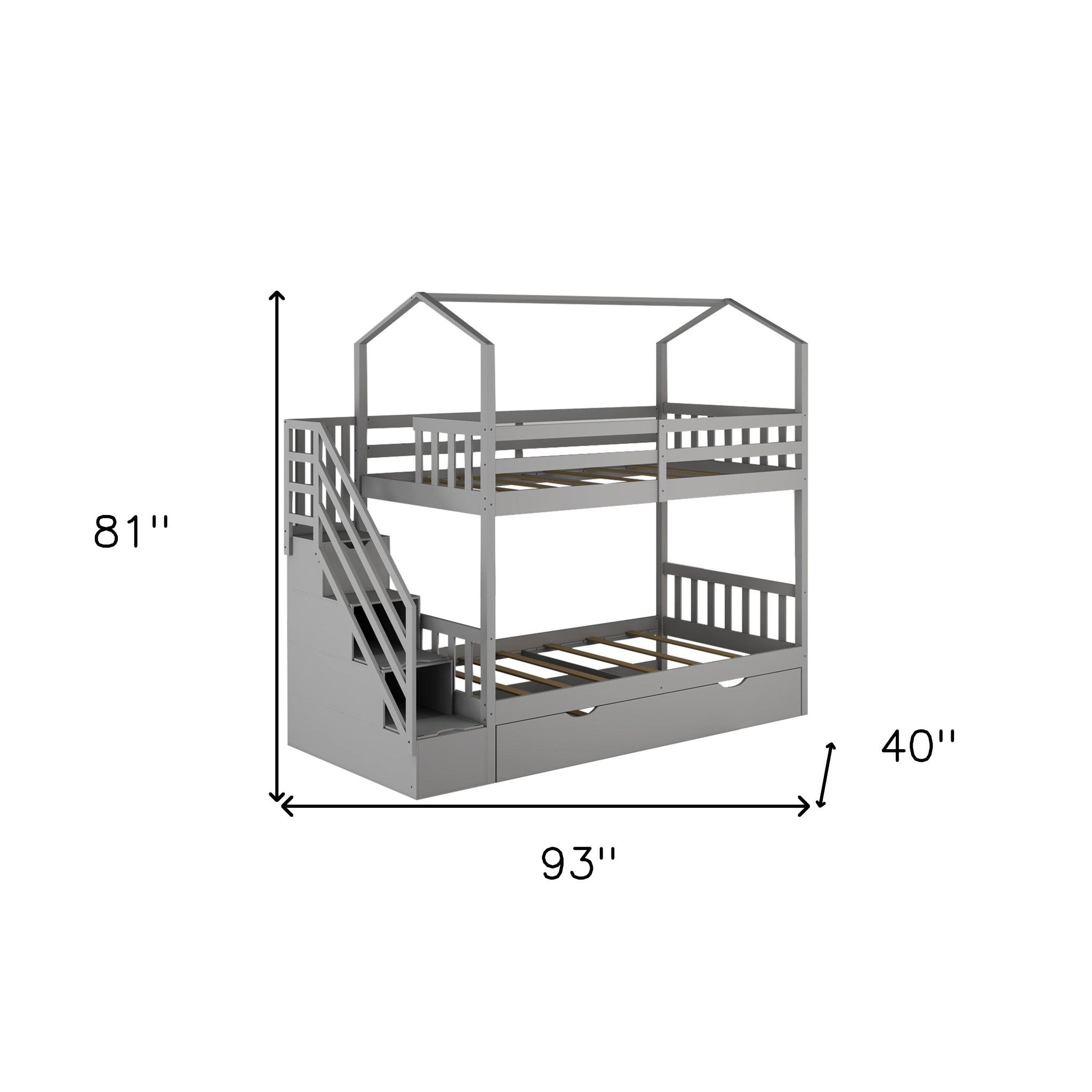 Gray Twin Over Twin Playhouse Bunk Bed with Trundle and Staircase