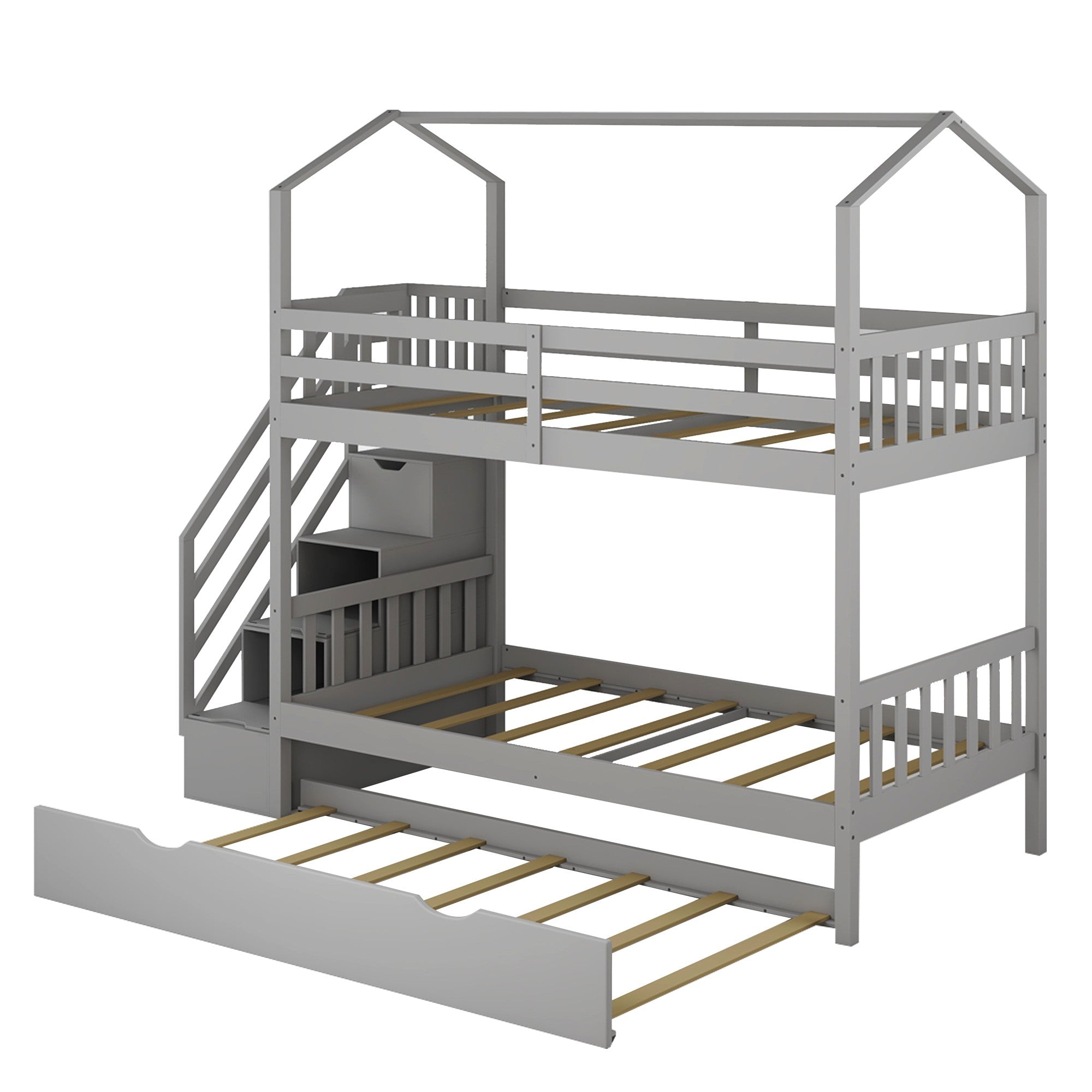 Gray Twin Over Twin Playhouse Bunk Bed with Trundle and Staircase