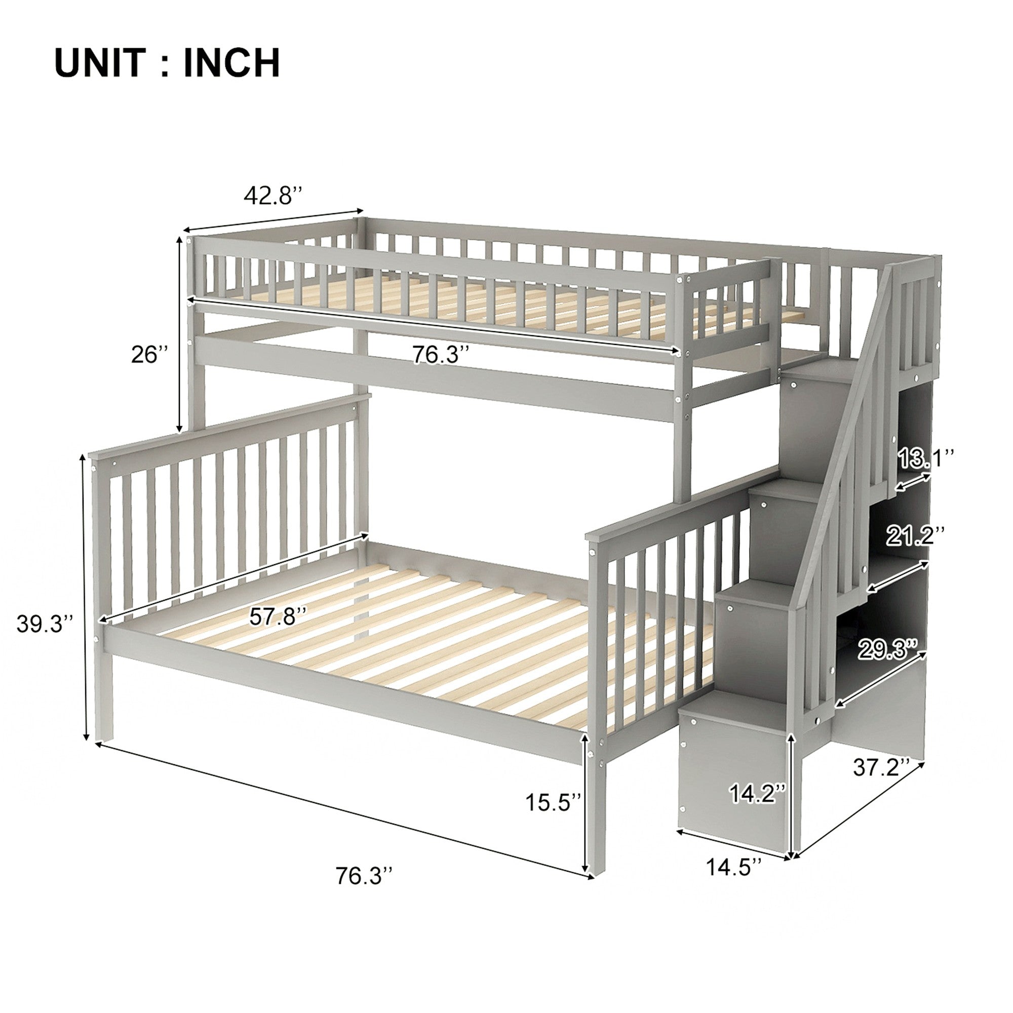 Gray Twin Over Full Farmhouse Style Bunk Bed with Staircase