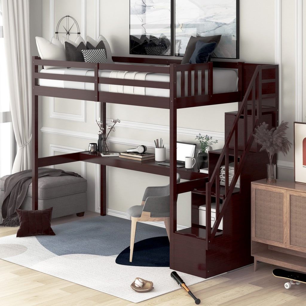 Espresso Twin Size Loft Bed with Built In Desk and Stairway