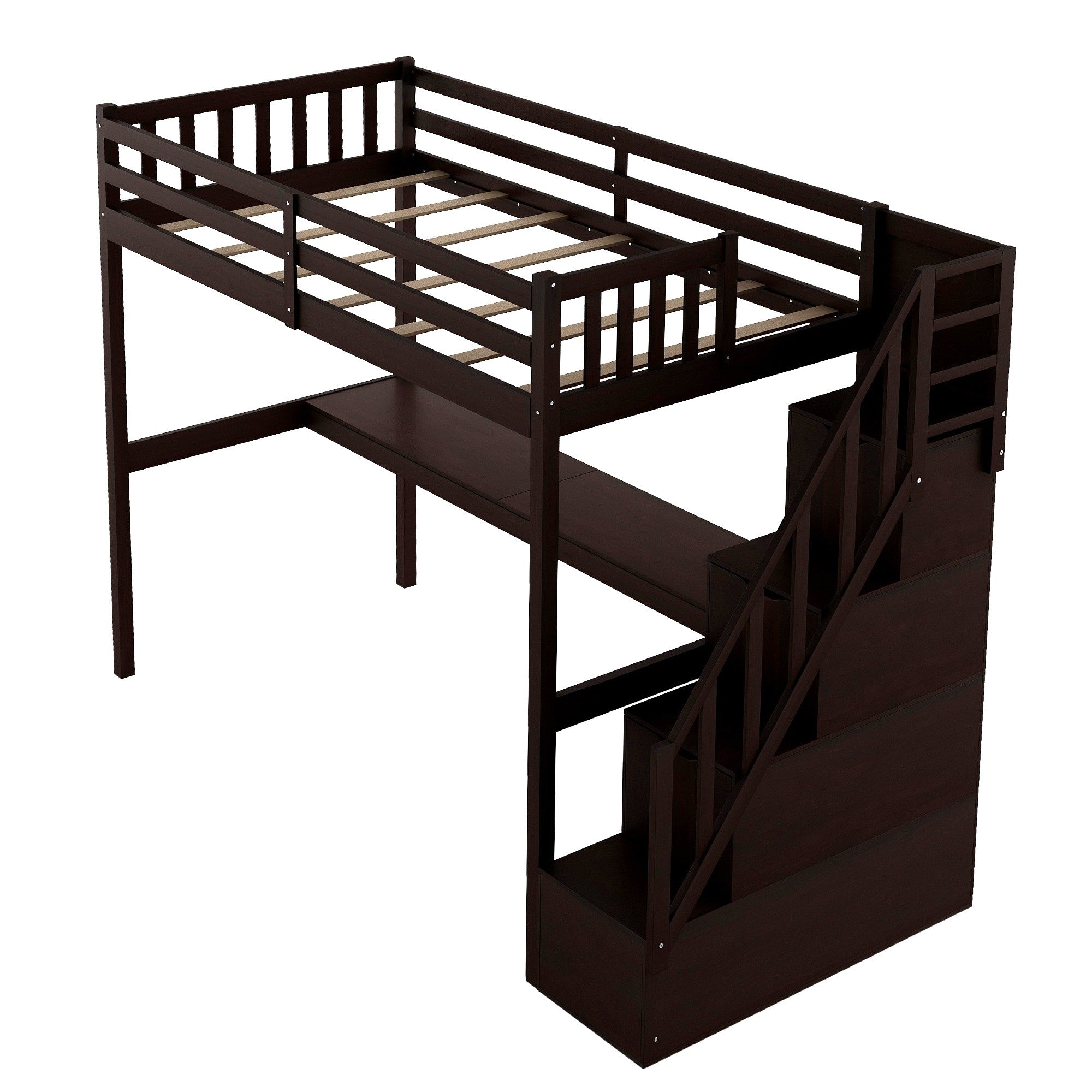 Espresso Twin Size Loft Bed with Built In Desk and Stairway