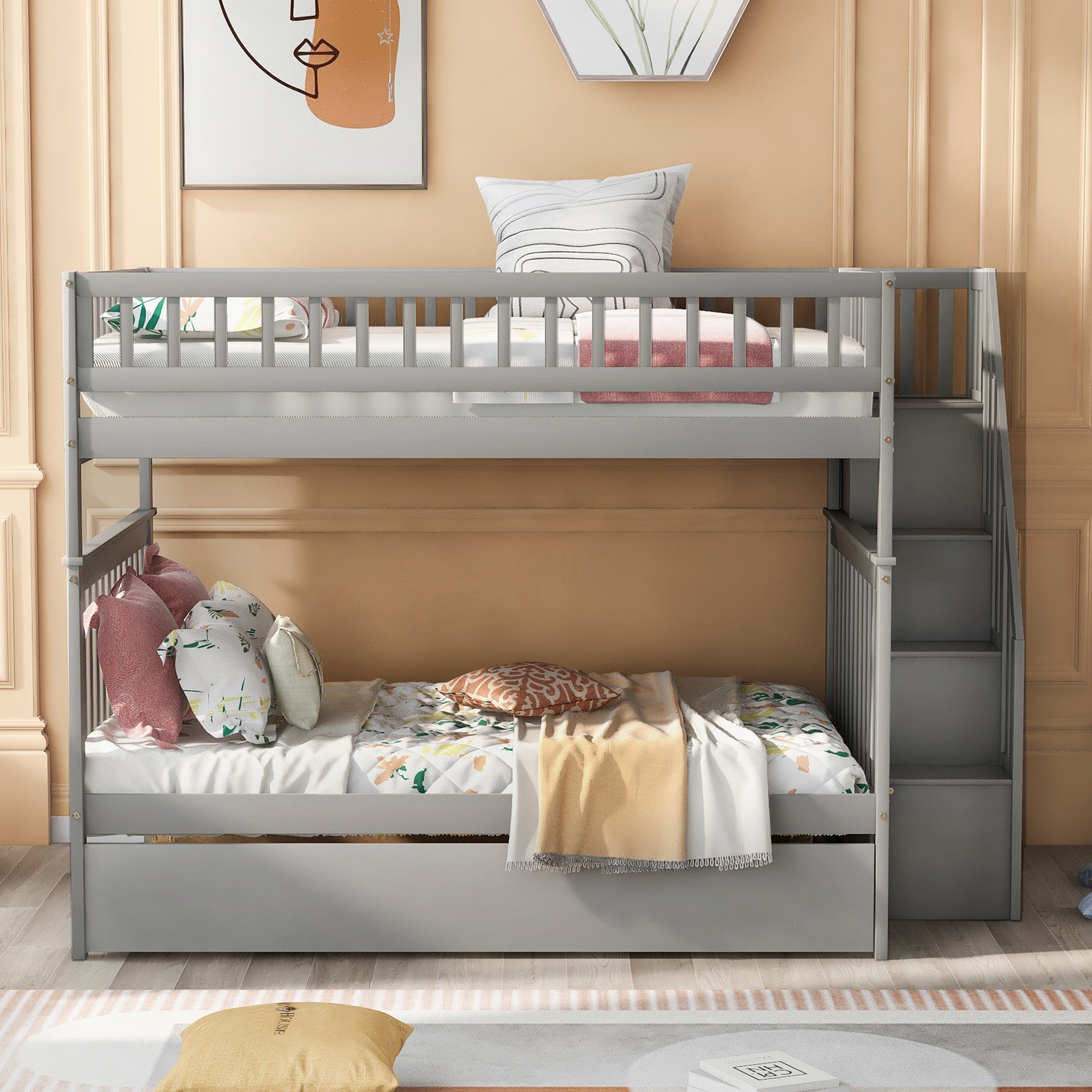 Gray Full Over Full Farmhouse Style Bunk Bed with Trundle and Staircase