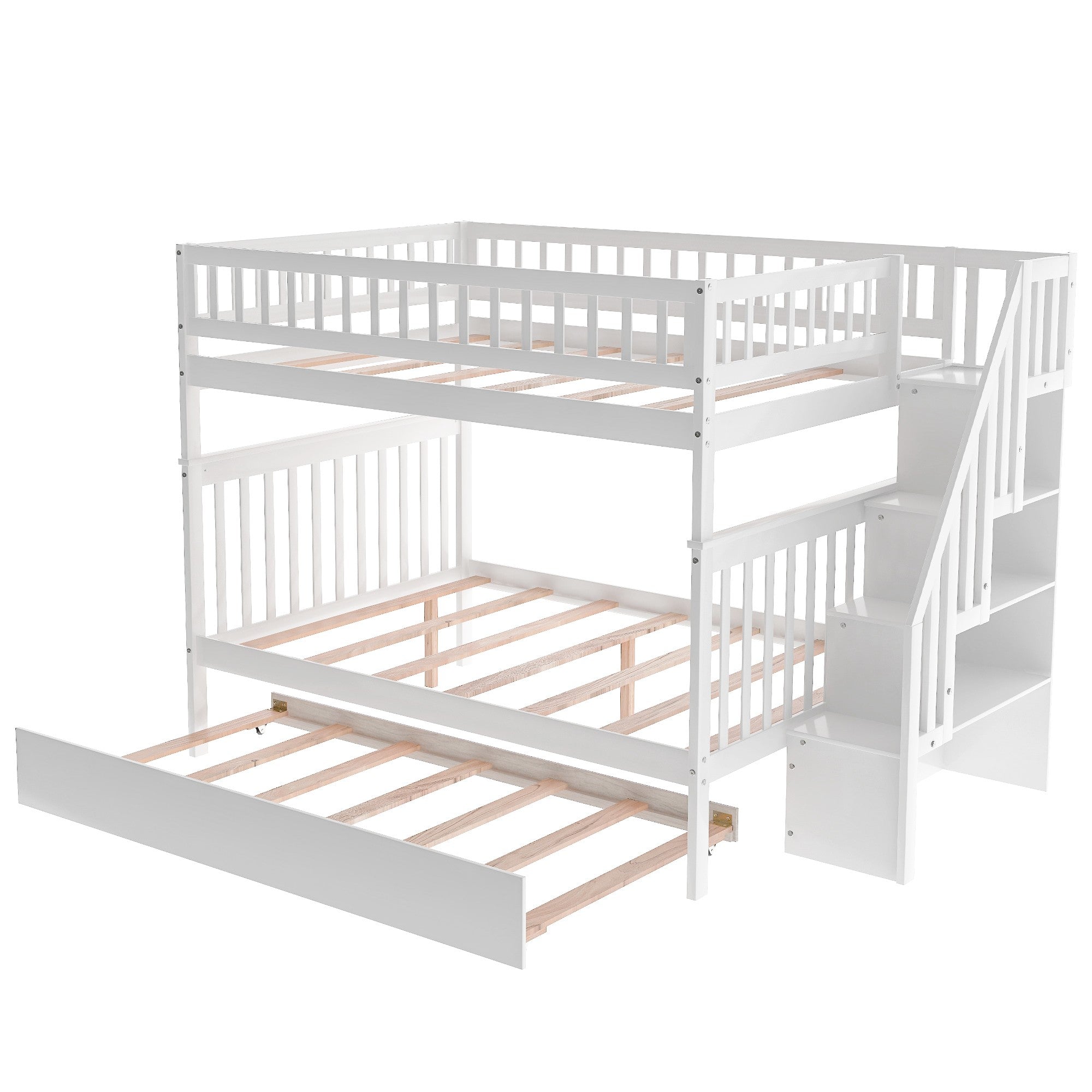 White Full Over Full Farmhouse Style Bunk Bed with Trundle and Staircase