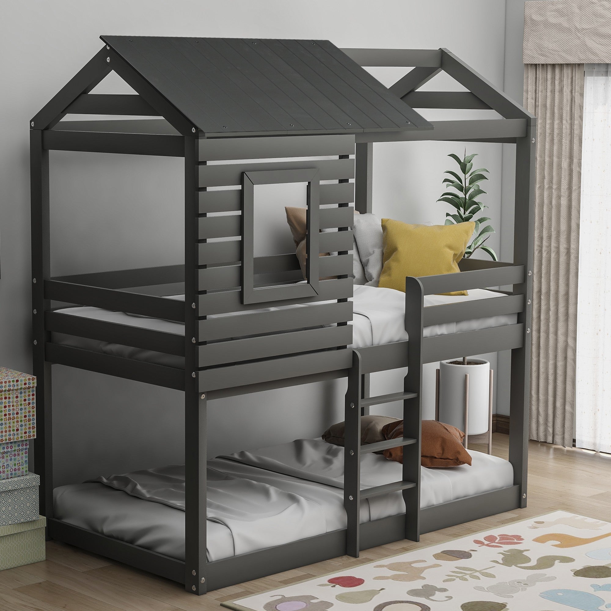 Gray Twin Over Twin Bunk Bed with Roof