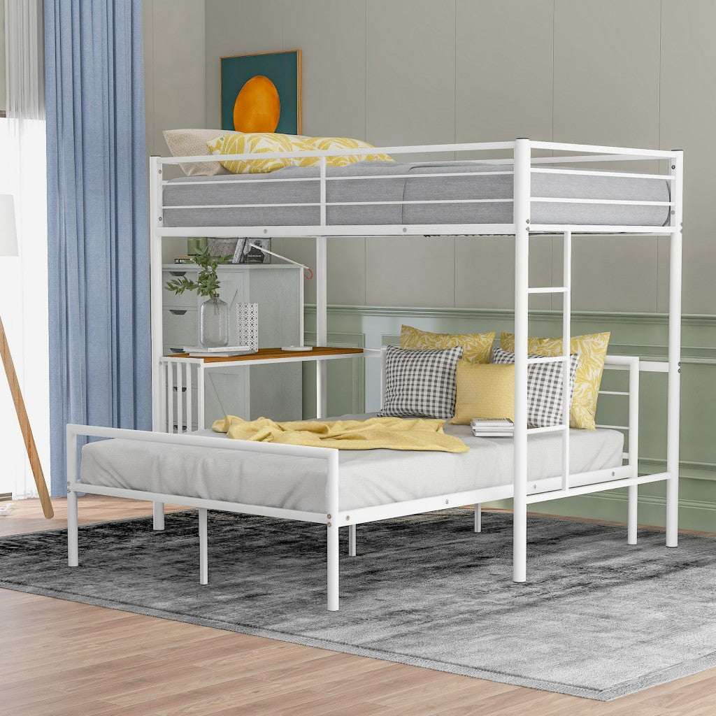 White Twin Over Full Size Metal Bunk Bed with Desk