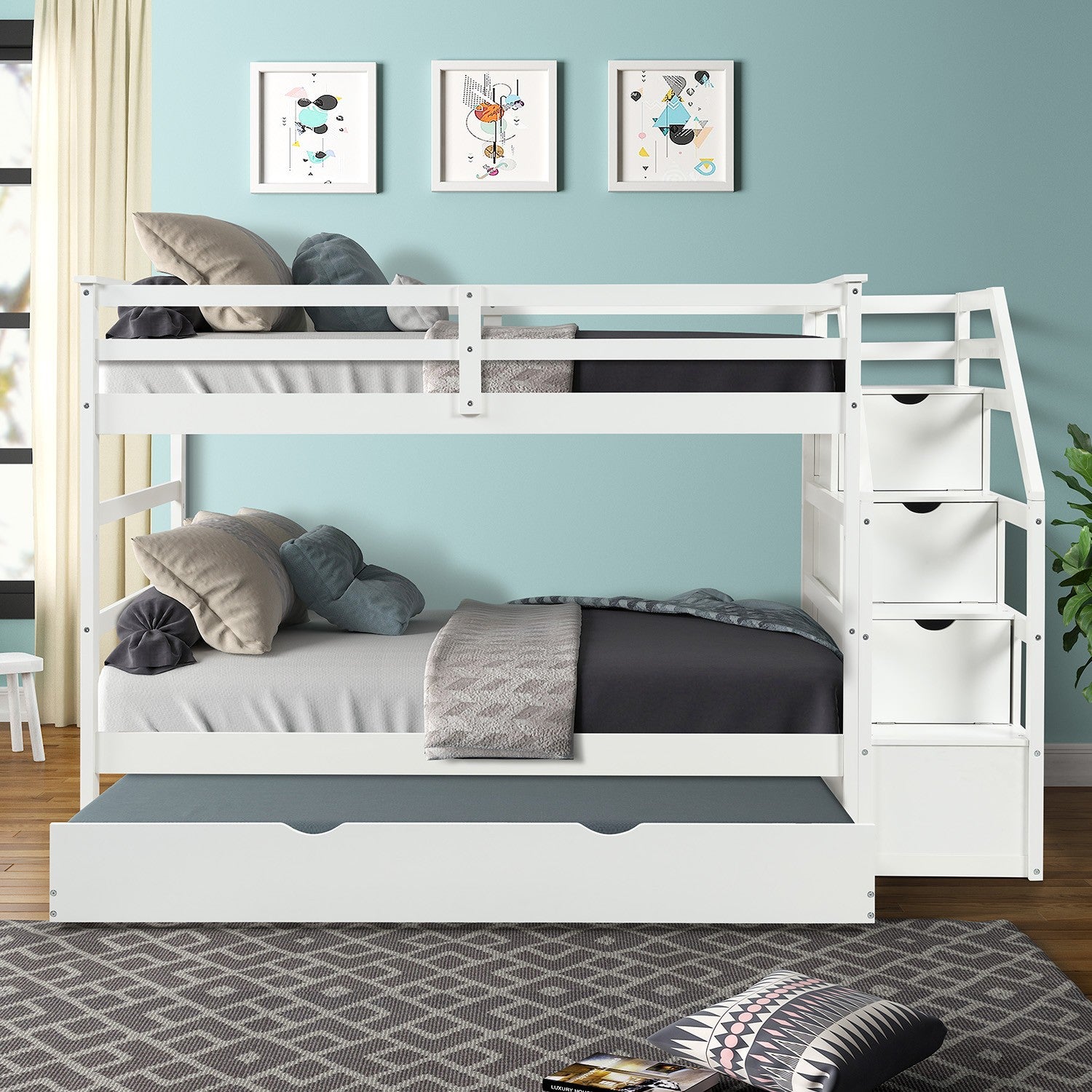 White Twin Over Twin Bunk Bed with Trundle