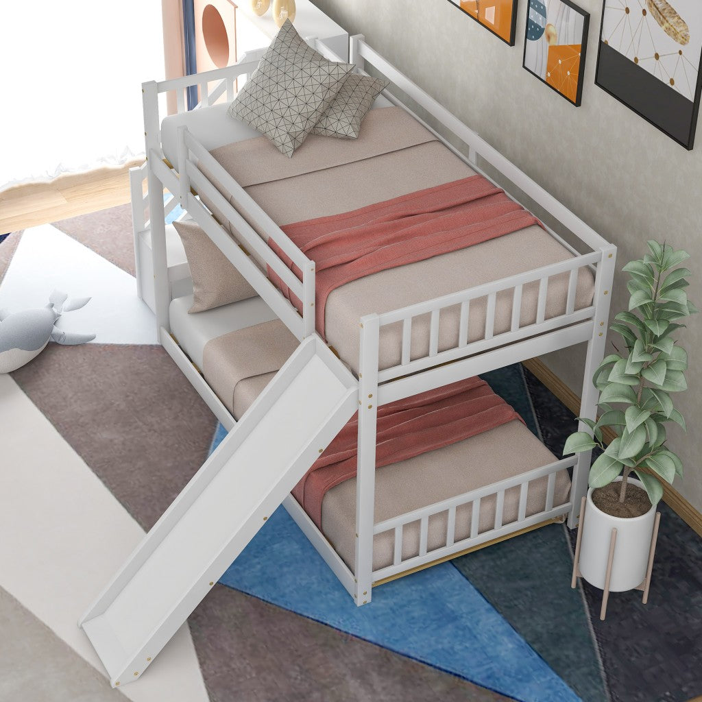 White Twin Over Twin Bunk Bed with Stairway and Slide