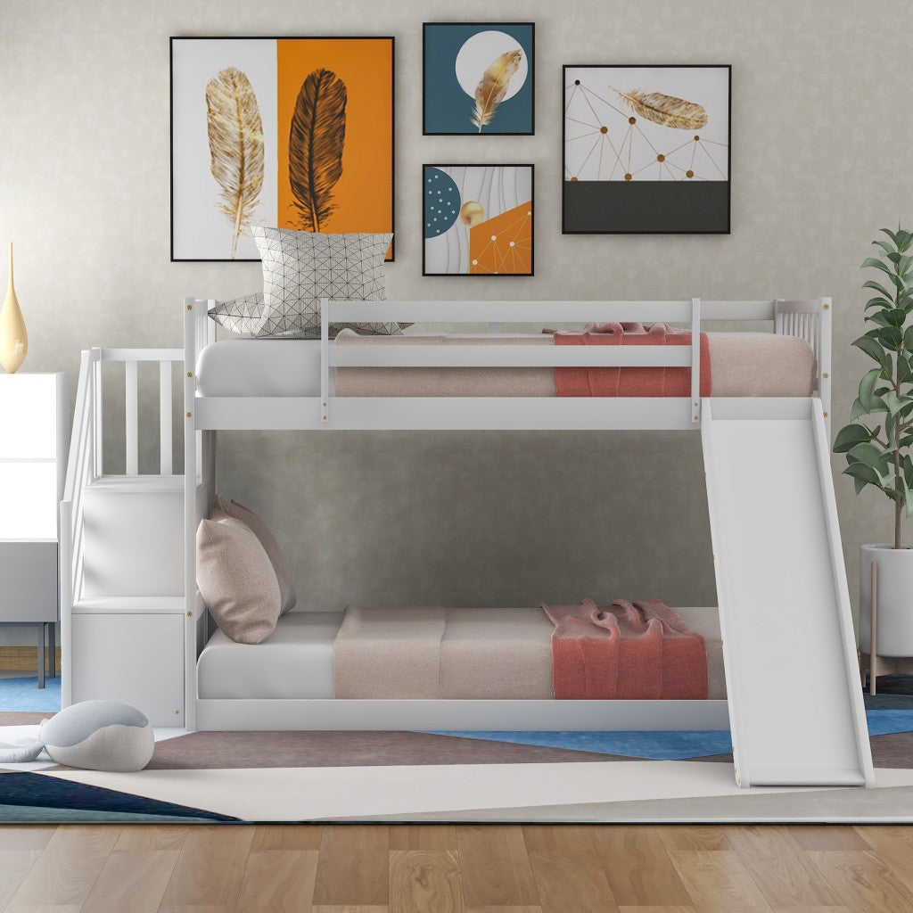 White Twin Over Twin Bunk Bed with Stairway and Slide