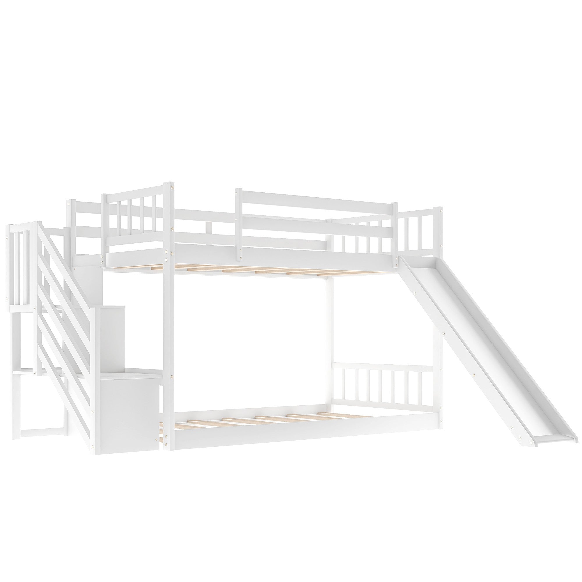 White Twin Over Twin Bunk Bed with Stairway and Slide