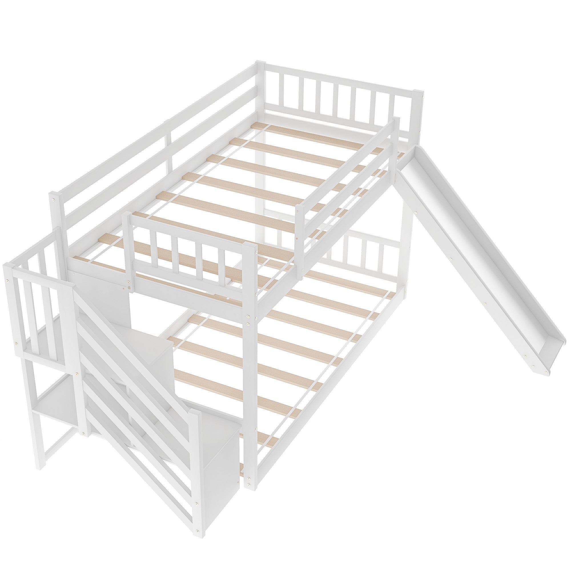 White Twin Over Twin Bunk Bed with Stairway and Slide