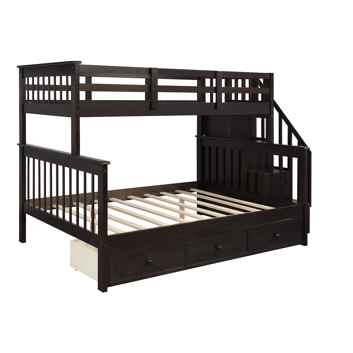 Espresso Twin Over Full Contemporary Bunk Bed With Stairs And Shelves