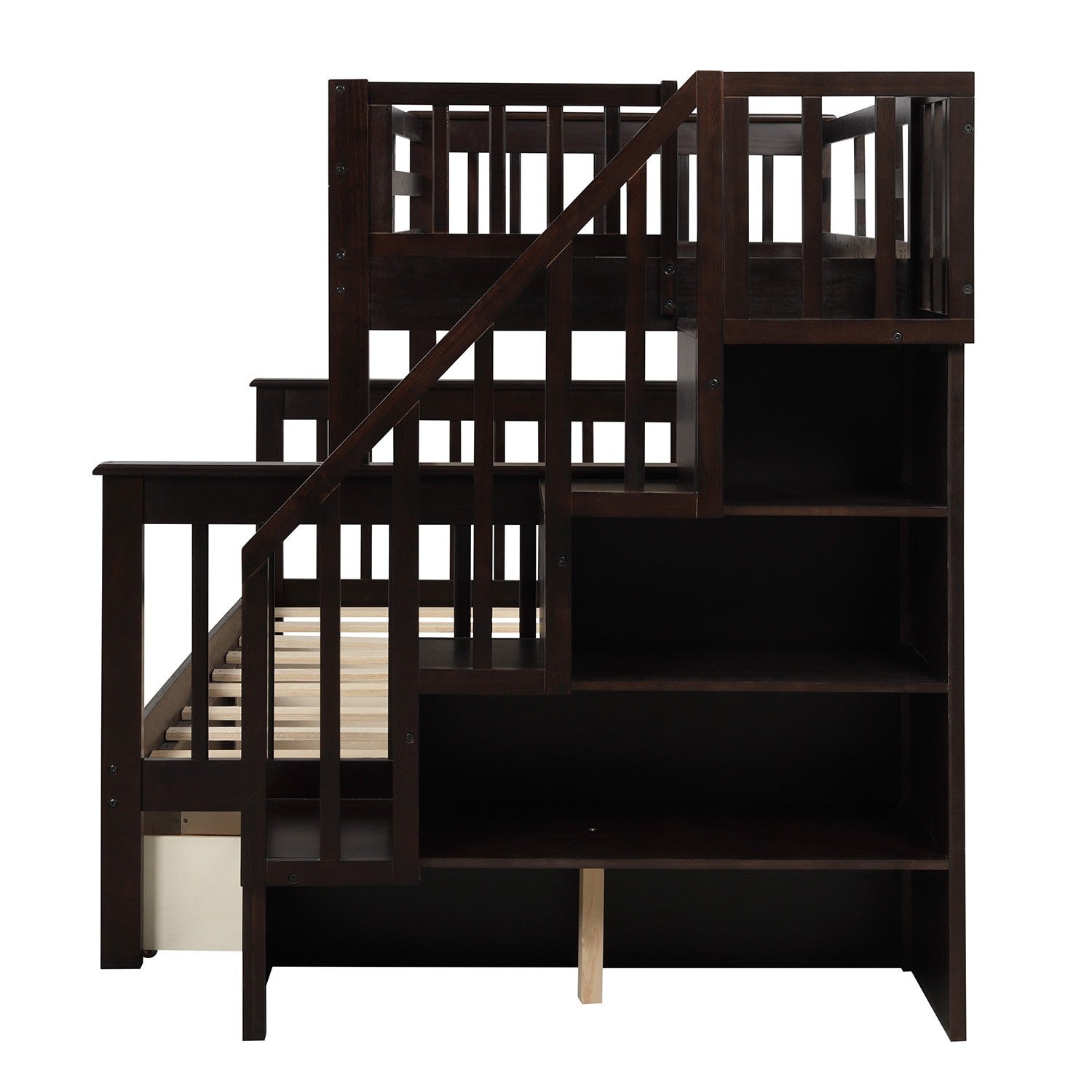 Espresso Twin Over Full Contemporary Bunk Bed With Stairs And Shelves