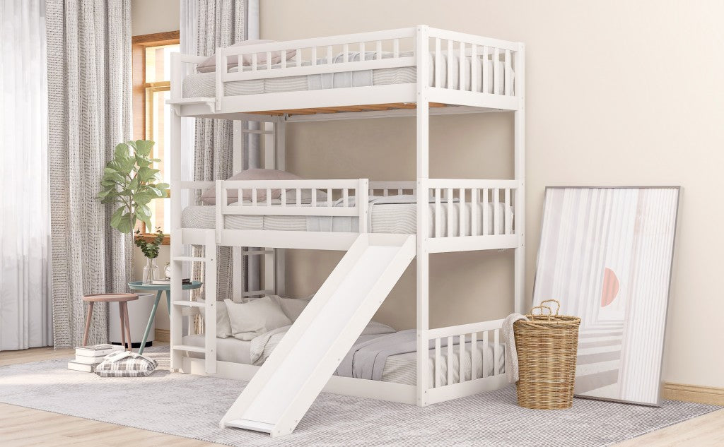White Twin over Twin over Twin Contemporary Manufactured Wood and Solid Wood Bunk Bed
