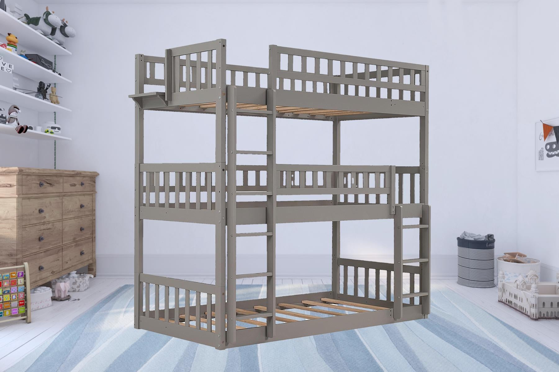 Gray Twin over Twin over Twin Contemporary Manufactured Wood and Solid Wood Bunk Bed