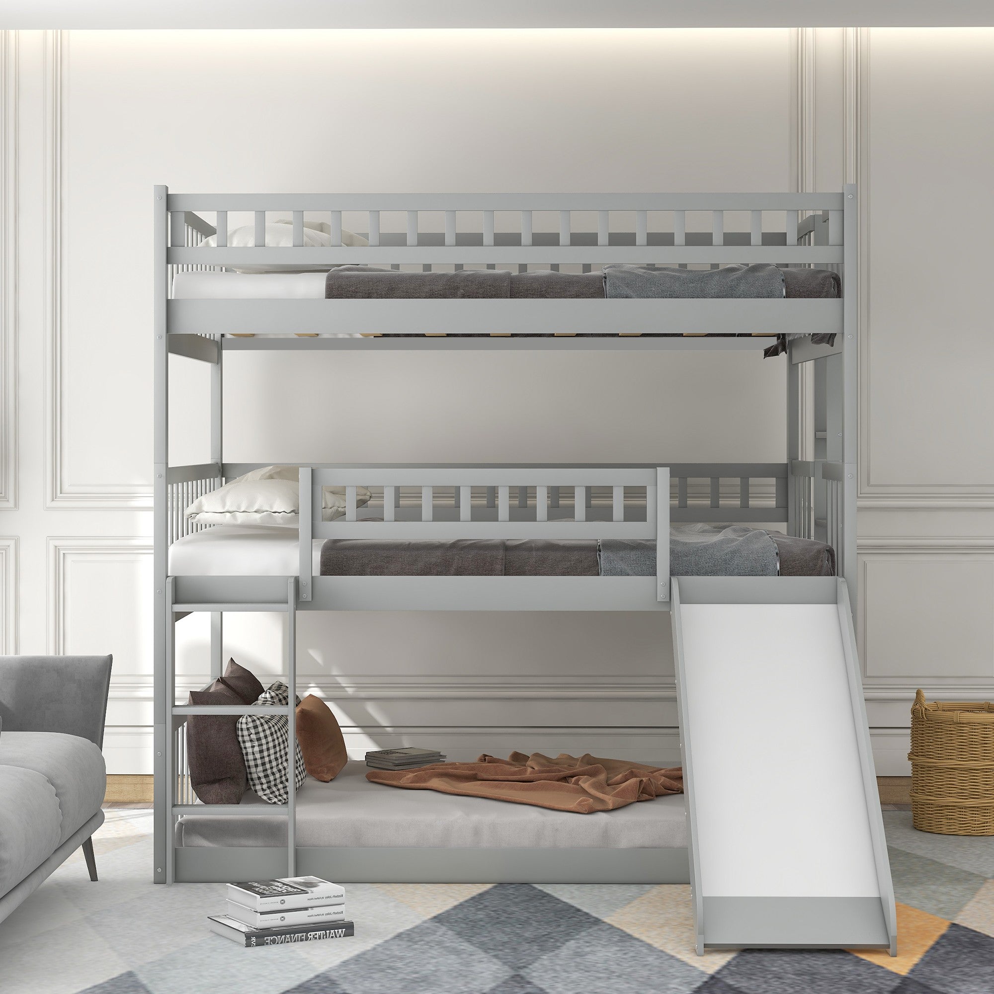 Gray Full Over Full Over Full Contemporary Bunk Bed With Slide