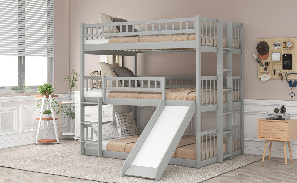 Gray Full Over Full Over Full Contemporary Bunk Bed With Slide