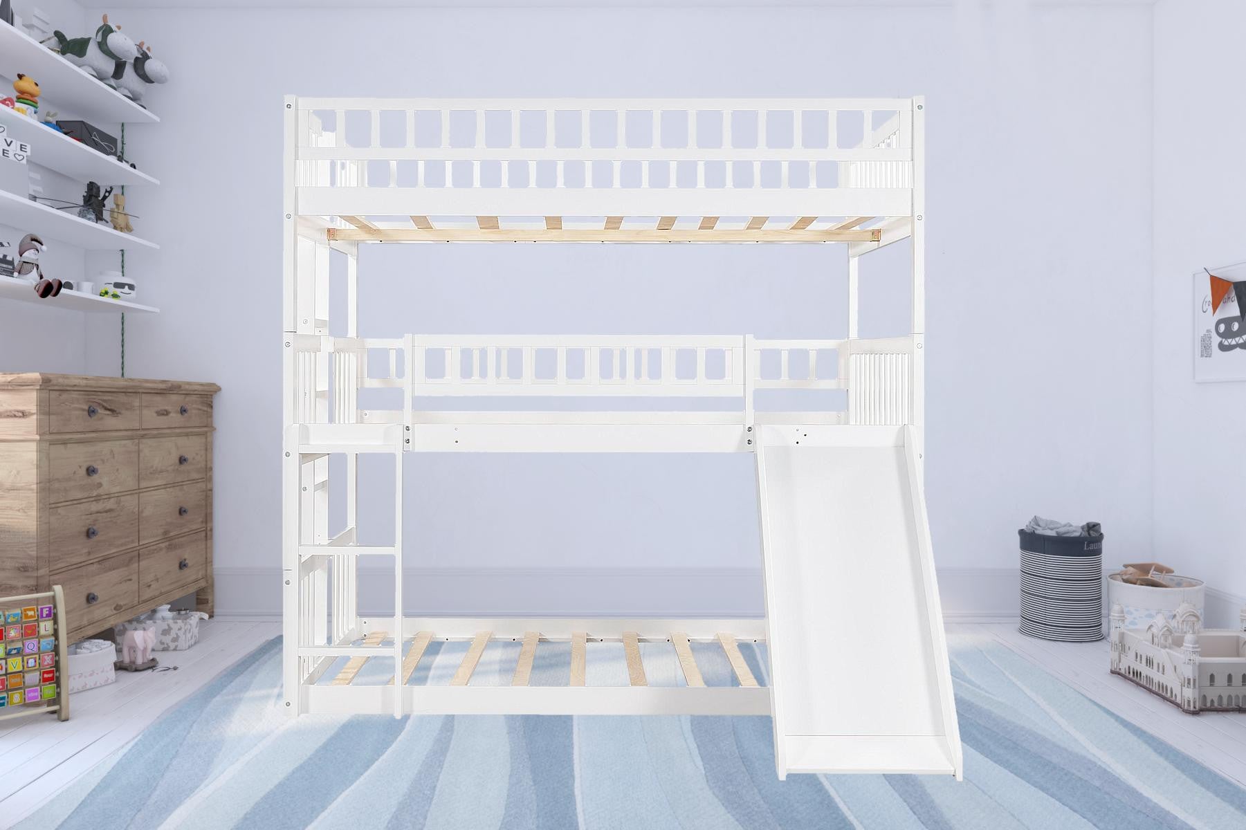 White Full Over Full Over Full Contemporary Bunk Bed With Slide