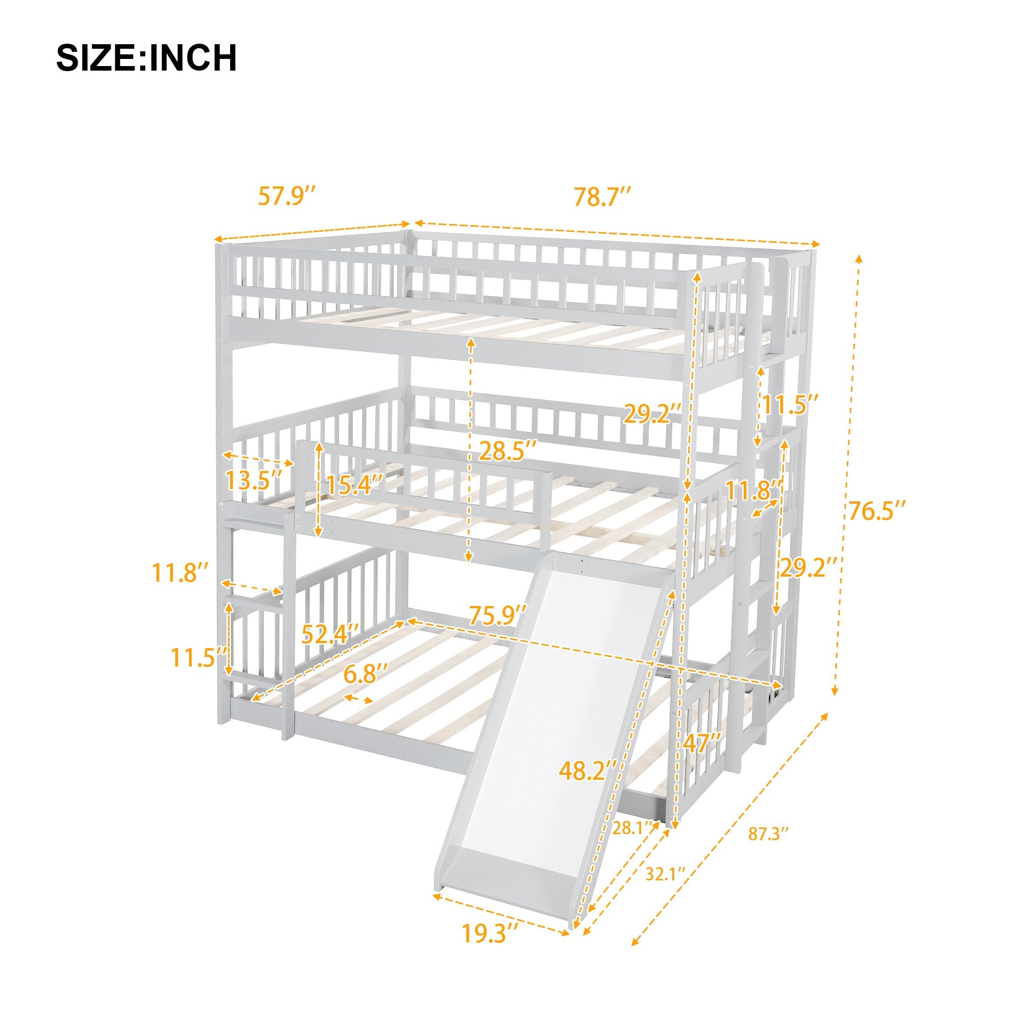 White Full Over Full Over Full Contemporary Bunk Bed With Slide