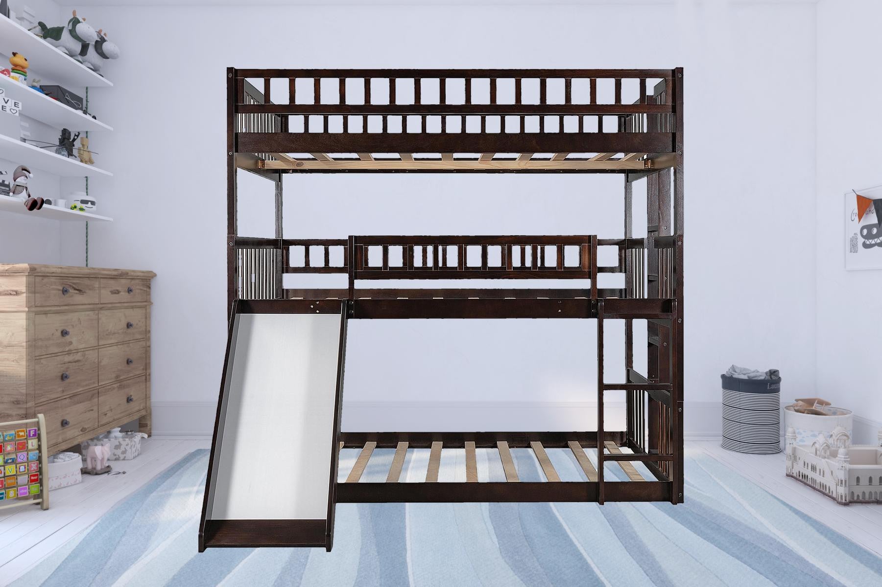 Espresso Full Over Full Over Full Contemporary Bunk Bed With Slide